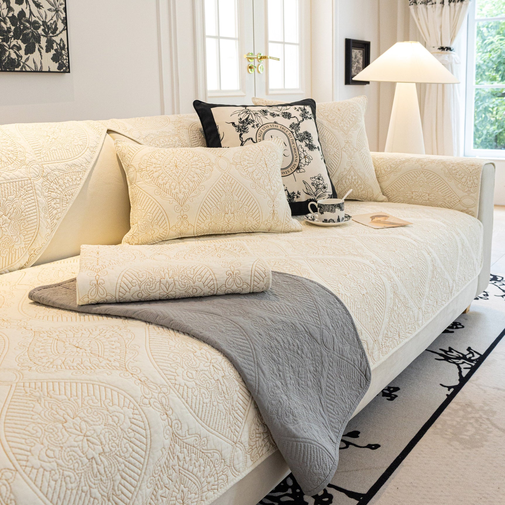 Baroque Sofa Cover – Quilted Cotton, Non-Slip, Washable with Ornate Embroidery - Ornate Home