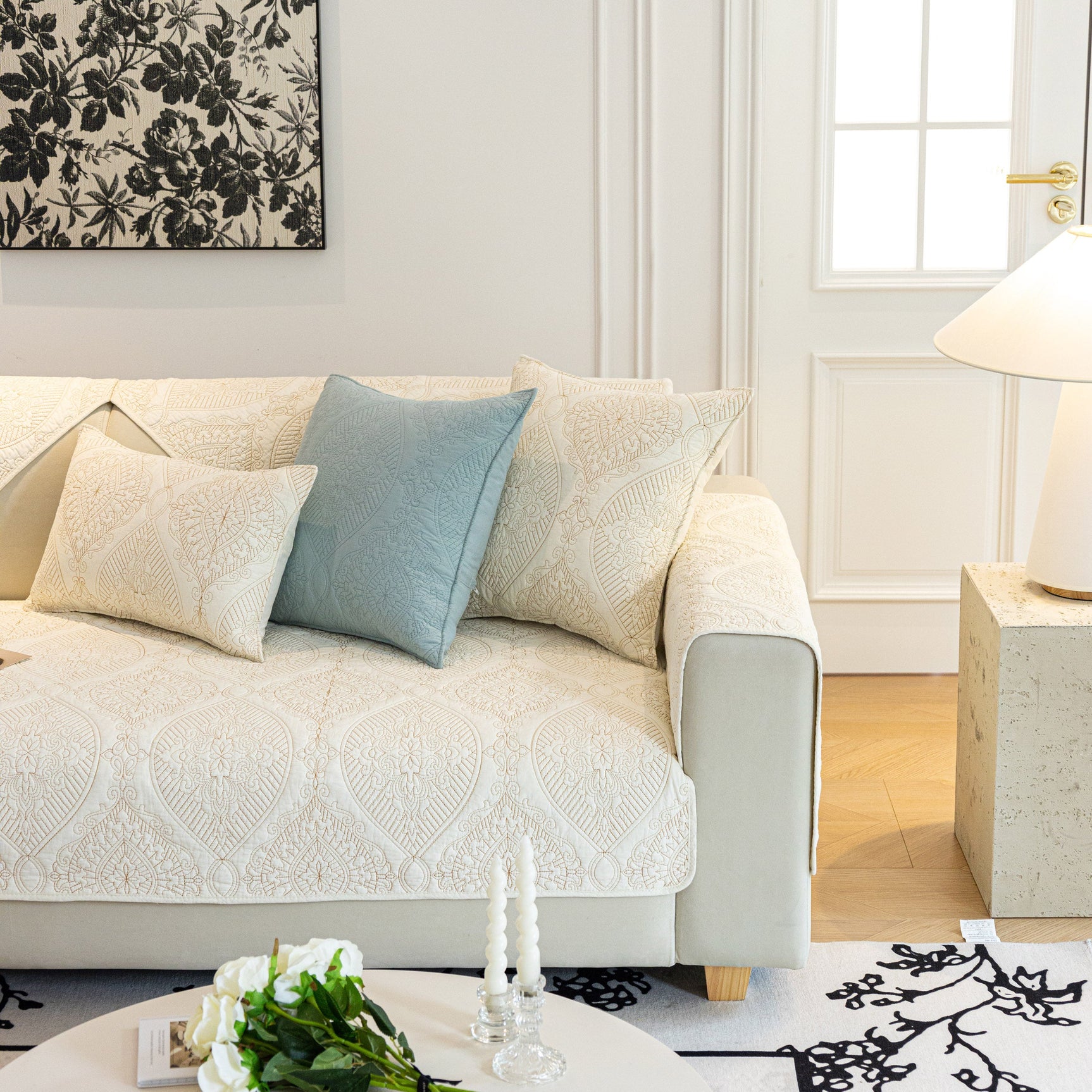 Baroque Sofa Cover – Quilted Cotton, Non-Slip, Washable with Ornate Embroidery - Ornate Home