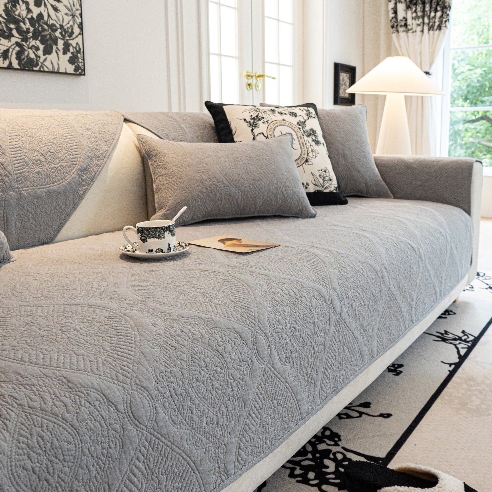 Baroque Sofa Cover – Quilted Cotton, Non-Slip, Washable with Ornate Embroidery - Ornate Home