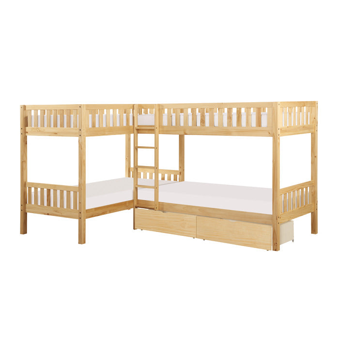 Bartly Natural Pine Corner Bunk Bed (two caster-supported toyboxes) - Ornate Home