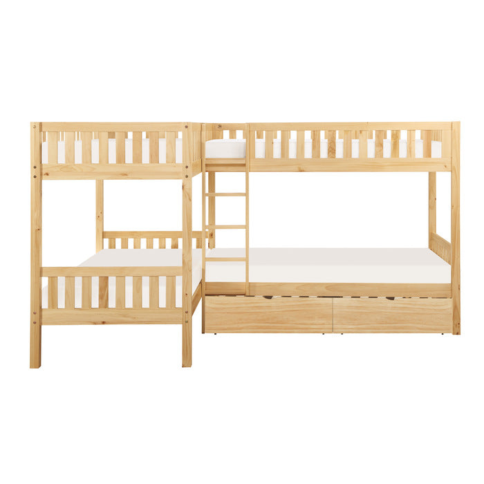 Bartly Natural Pine Corner Bunk Bed (two caster-supported toyboxes) - Ornate Home