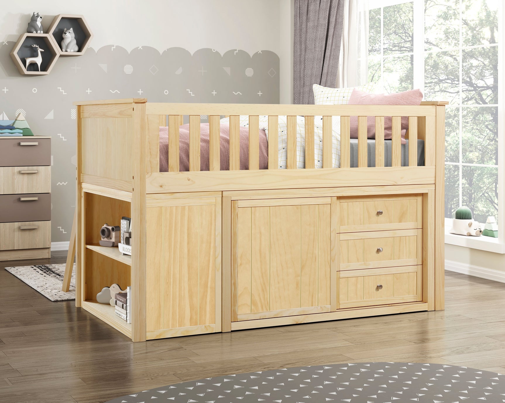 Bartly Natural Pine Low Loft Bunk with Bookcase & 2 Dressers - Ornate Home