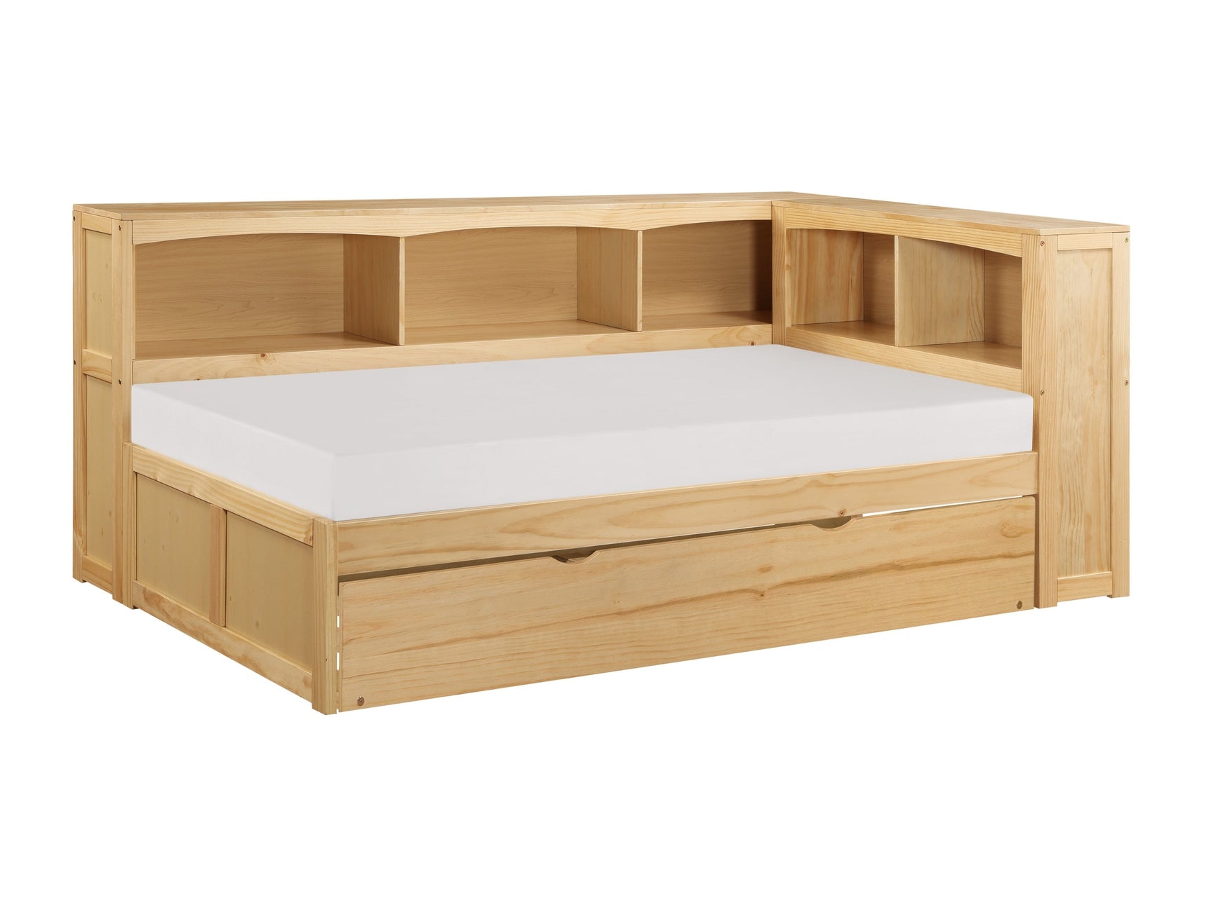 Bartly Natural Pine Twin Bookcase Corner Bed with Trundle - Ornate Home