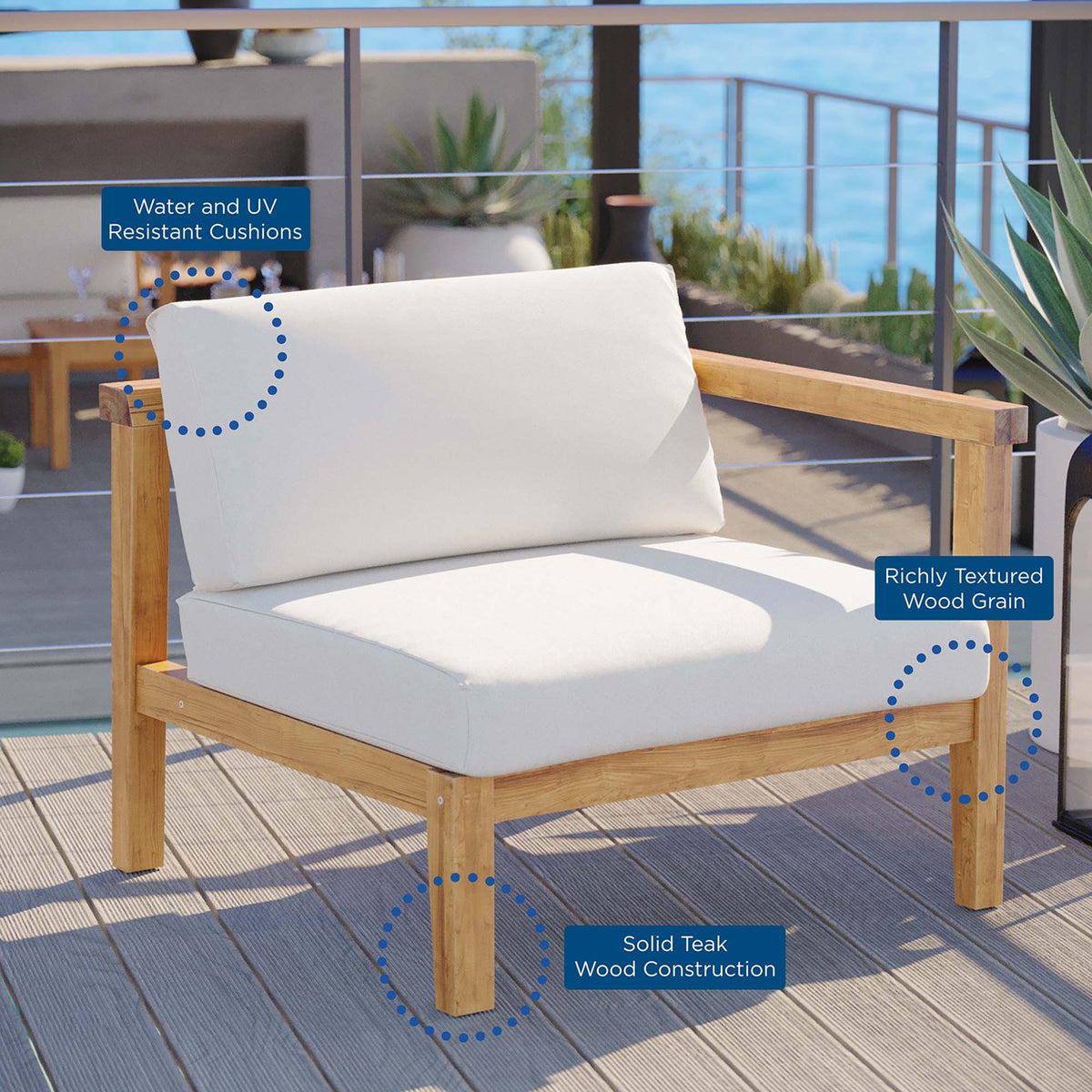 Bayport Natural/White Outdoor Patio Teak Wood Right-Arm Chair - Ornate Home
