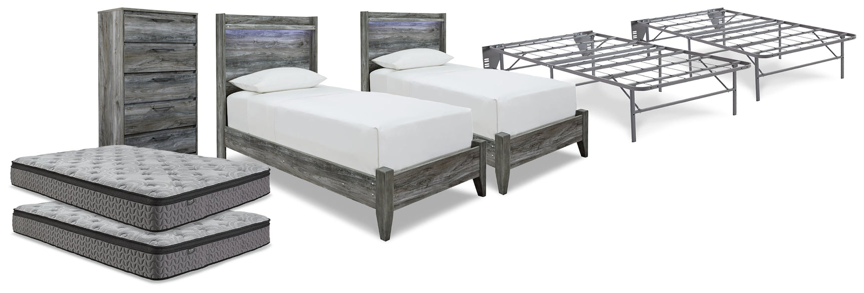 Baystorm Gray 2 Twin Panel Beds, 2 Mattresses, 2 Foundations, and Chest - Ornate Home