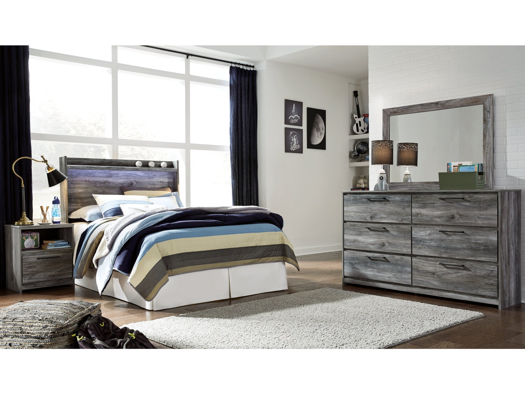 Baystorm Gray Full Panel Bed Headboard, Dresser, Mirror and Nightstand - Ornate Home