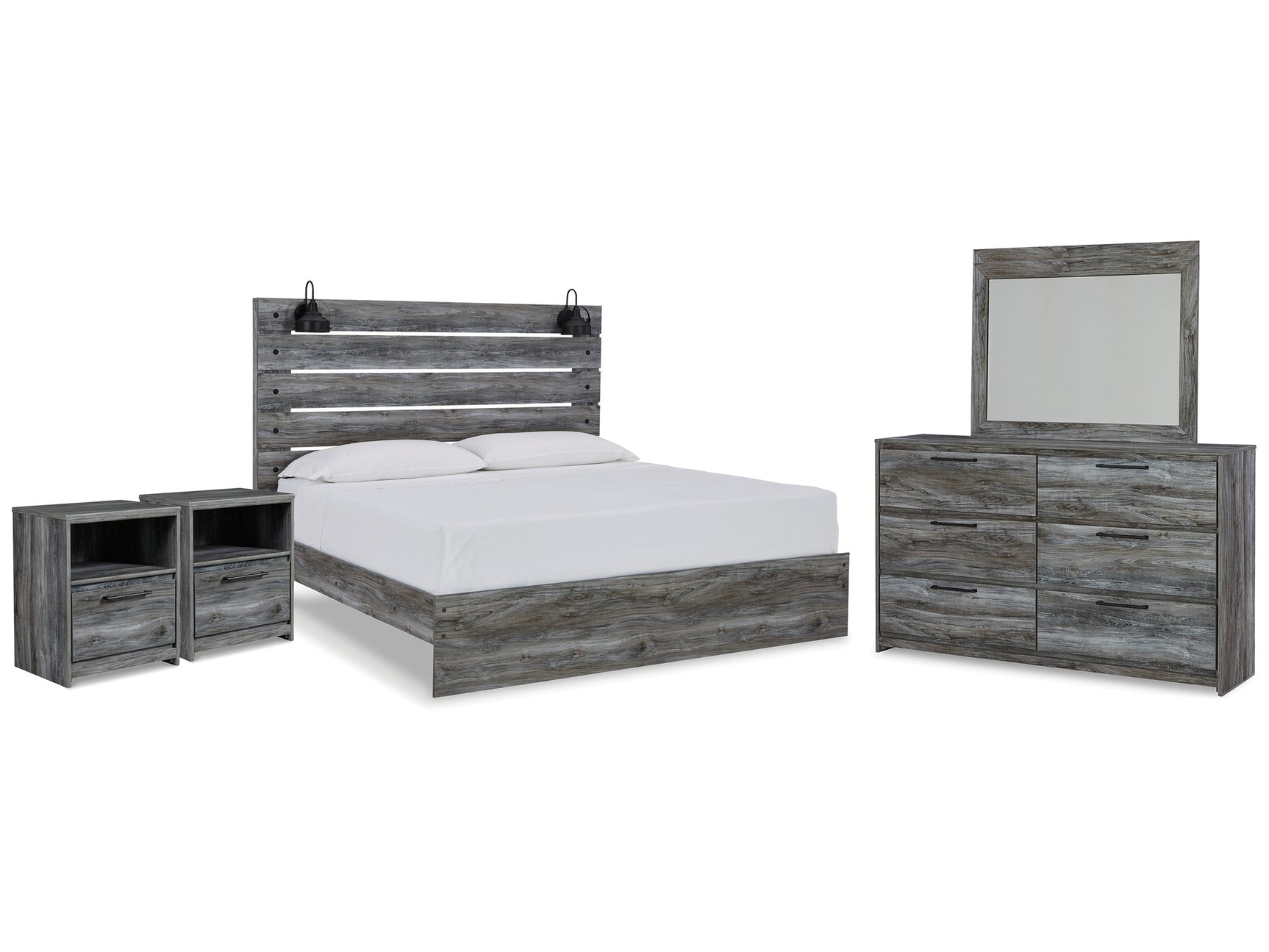 Baystorm Gray King Panel Bed & Dresser & Mirror & 2 Nightstands - Ornate Home