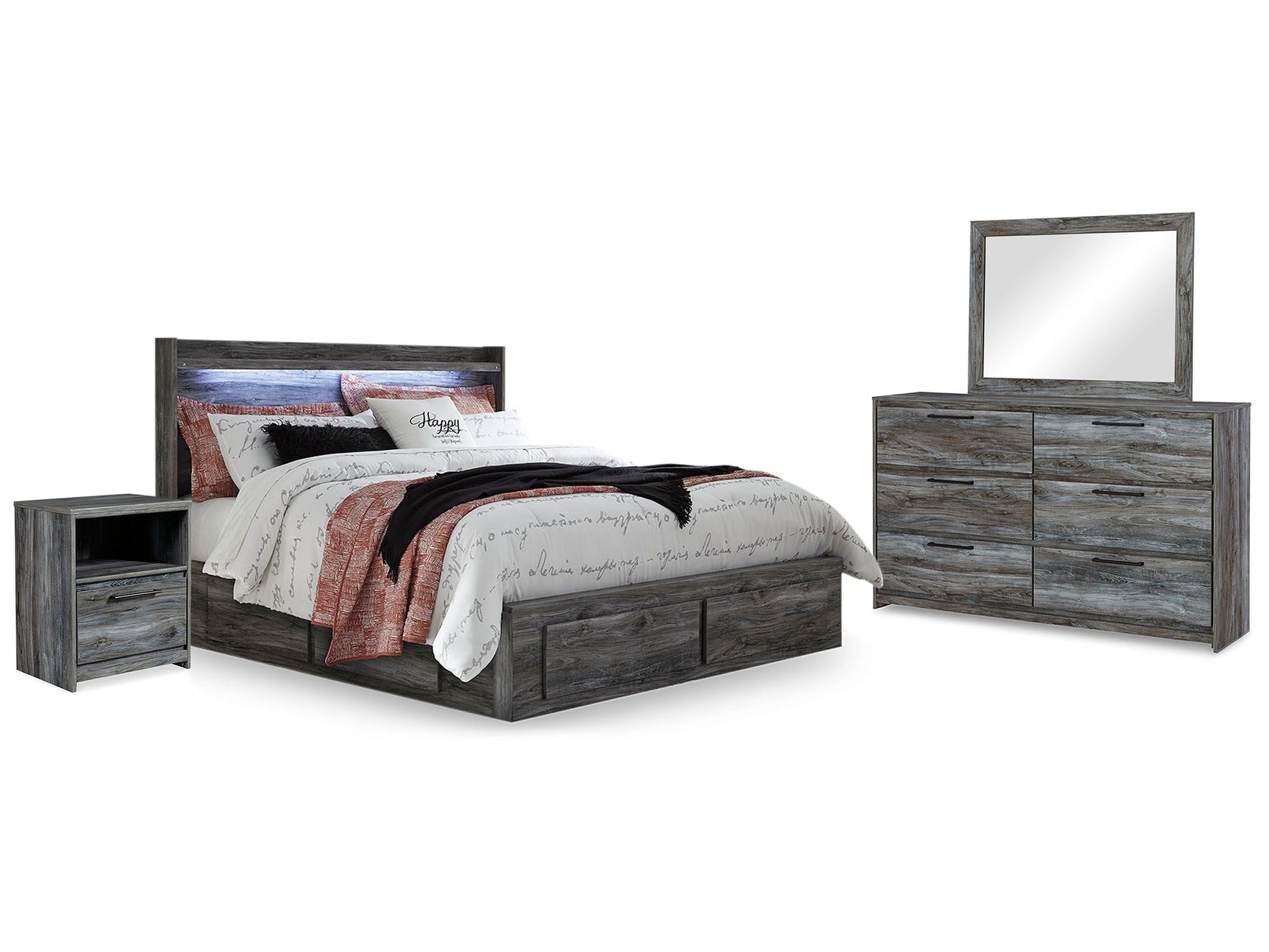 Baystorm Gray King Panel Bed w/Storage & Dresser & Mirror & 2 Nightstands (Online Special Price) - Ornate Home