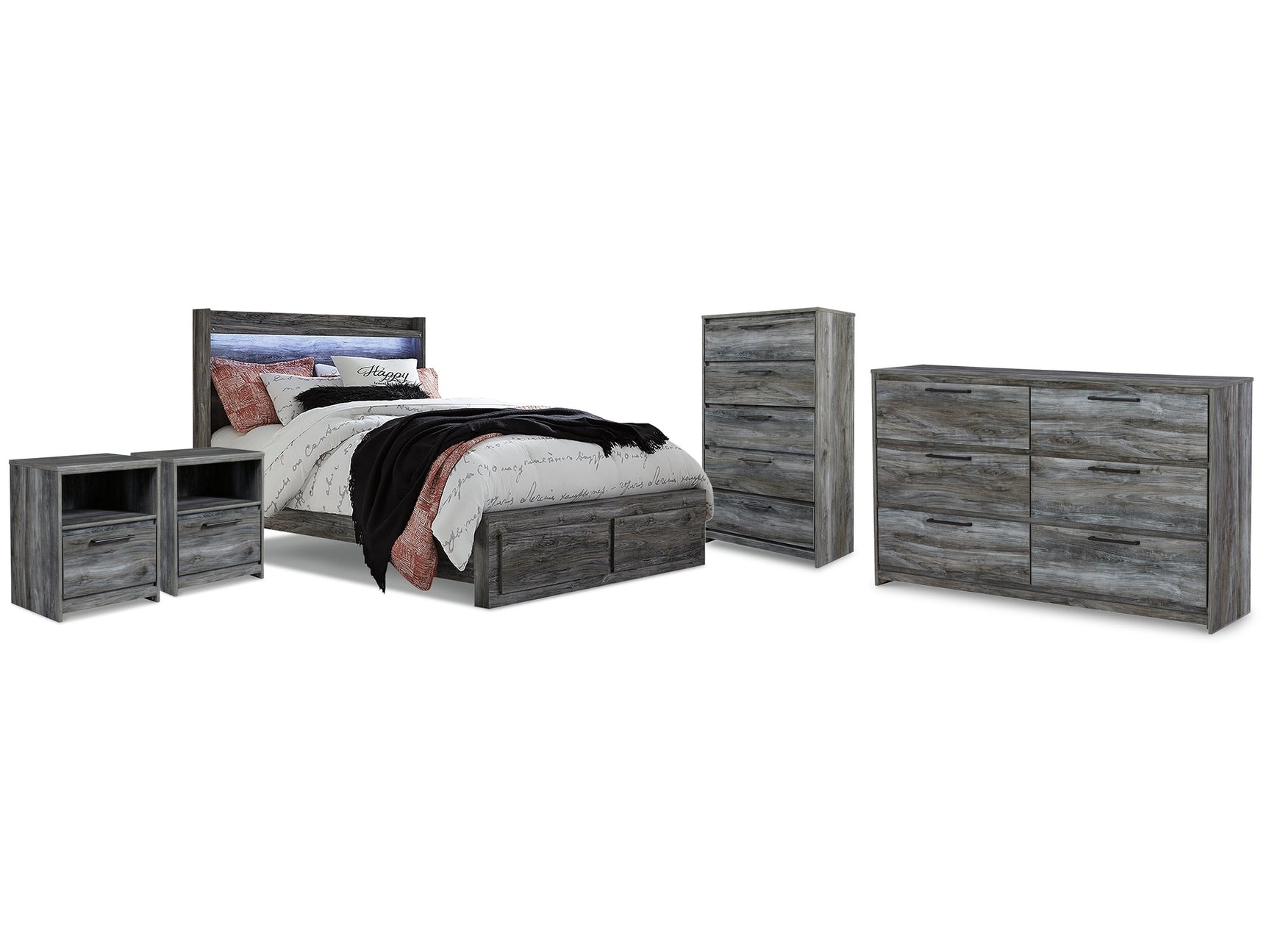 Baystorm Gray King Panel Storage Bedroom Set with Dresser, Chest and 2 Nightstands - Ornate Home