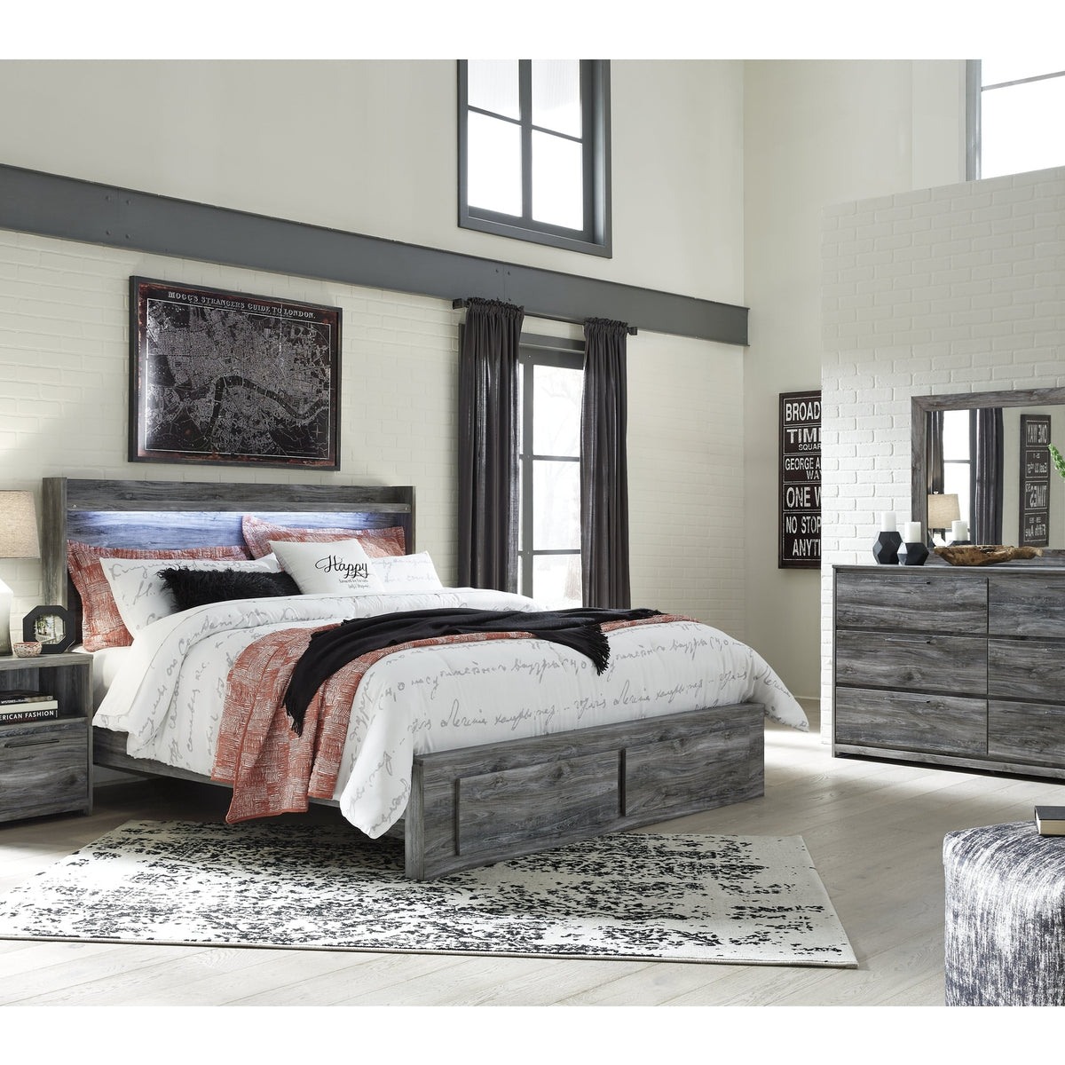 Ashley Furniture Baystorm Gray King Panel Storage Bedroom Set with Mirrored Dresser and Nightstand (Online Special Price) | Ornate Home
