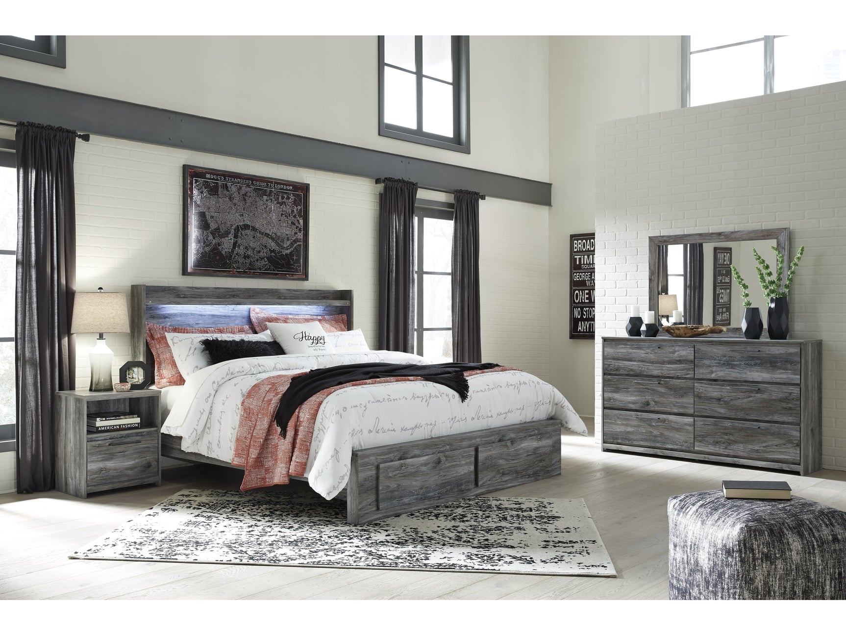 Baystorm Gray King Panel Storage Bedroom Set with Mirrored Dresser and Nightstand (Online Special Price) - Ornate Home