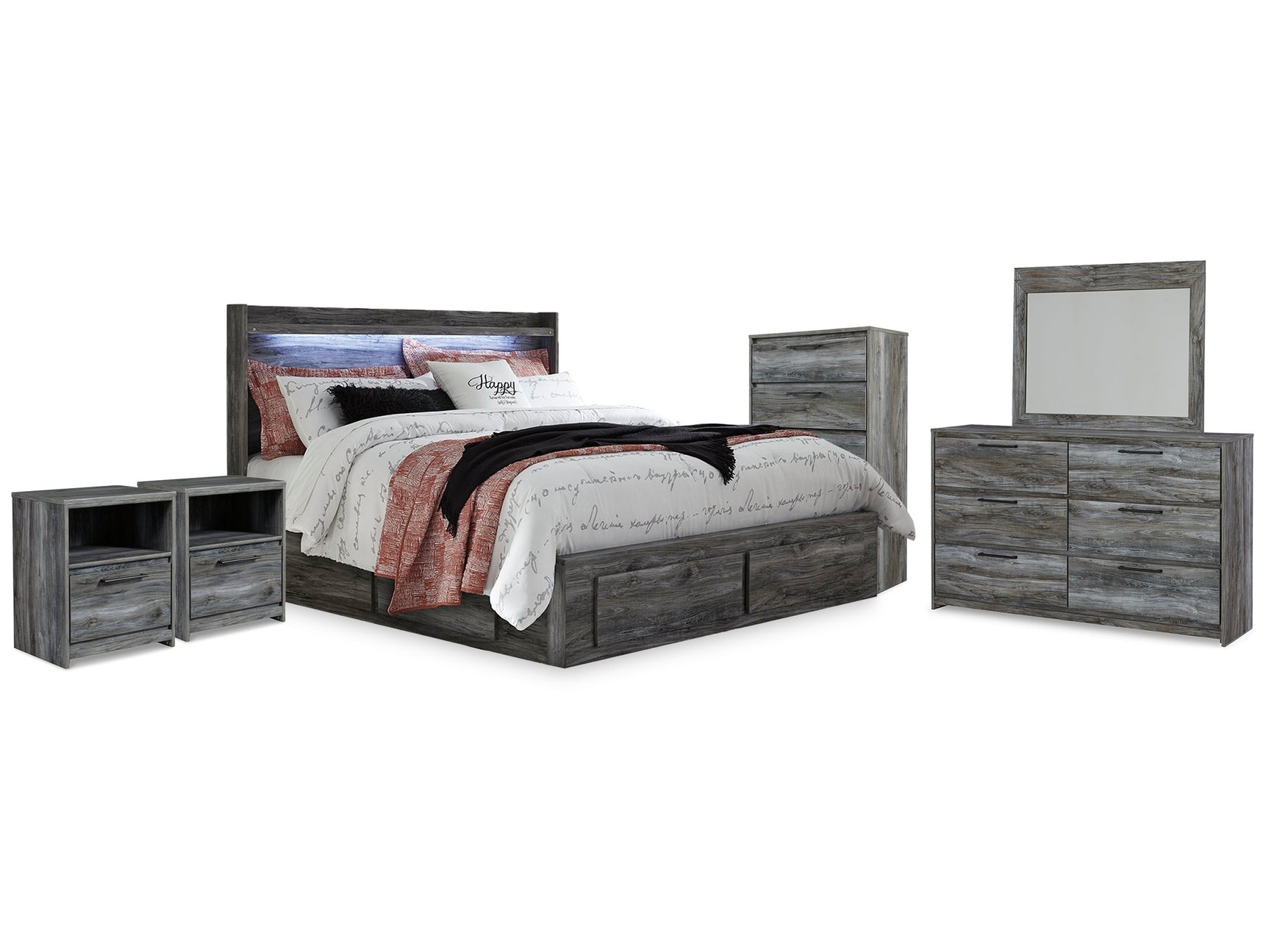 Baystorm Gray King Storage Bedroom Set with Dresser, Mirror, Chest and 2 Nightstands - Ornate Home