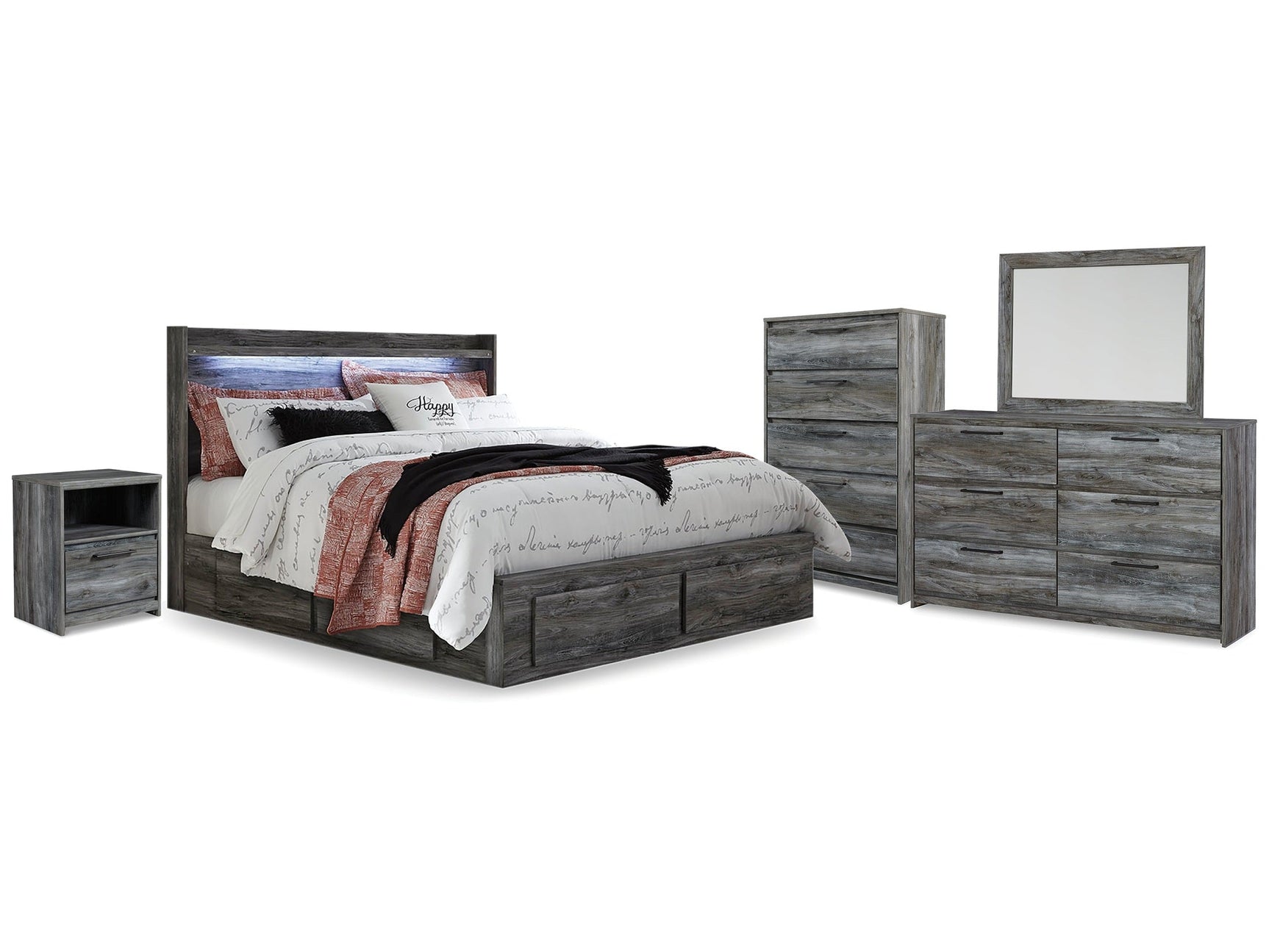 Baystorm Gray King Storage Bedroom Set with Dresser, Mirror, Chest and Nightstand (Online Special Price) - Ornate Home