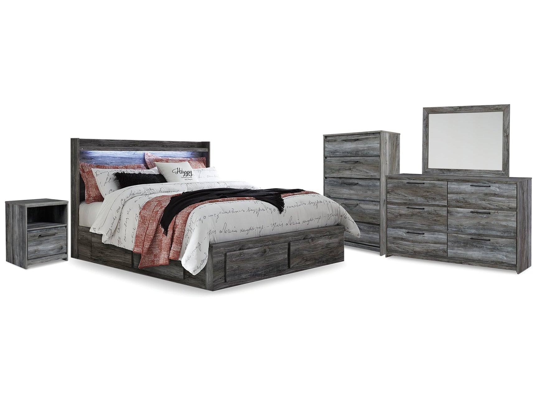 Baystorm Gray King Storage Bedroom Set with Dresser, Mirror, Chest and Nightstand - Ornate Home