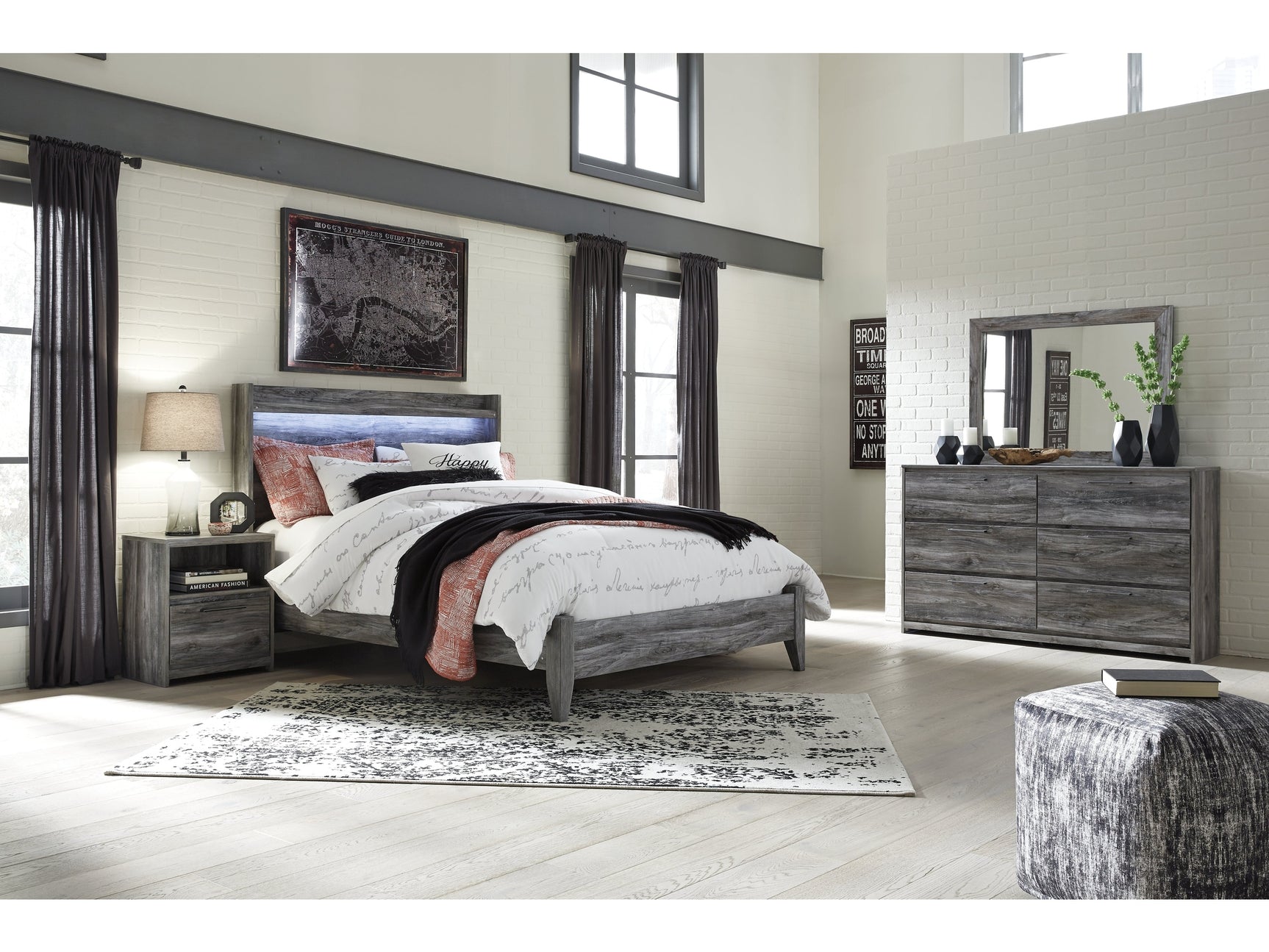 Baystorm Gray Queen Panel Bedroom Set with Dresser, Mirror and Nightstand - Ornate Home