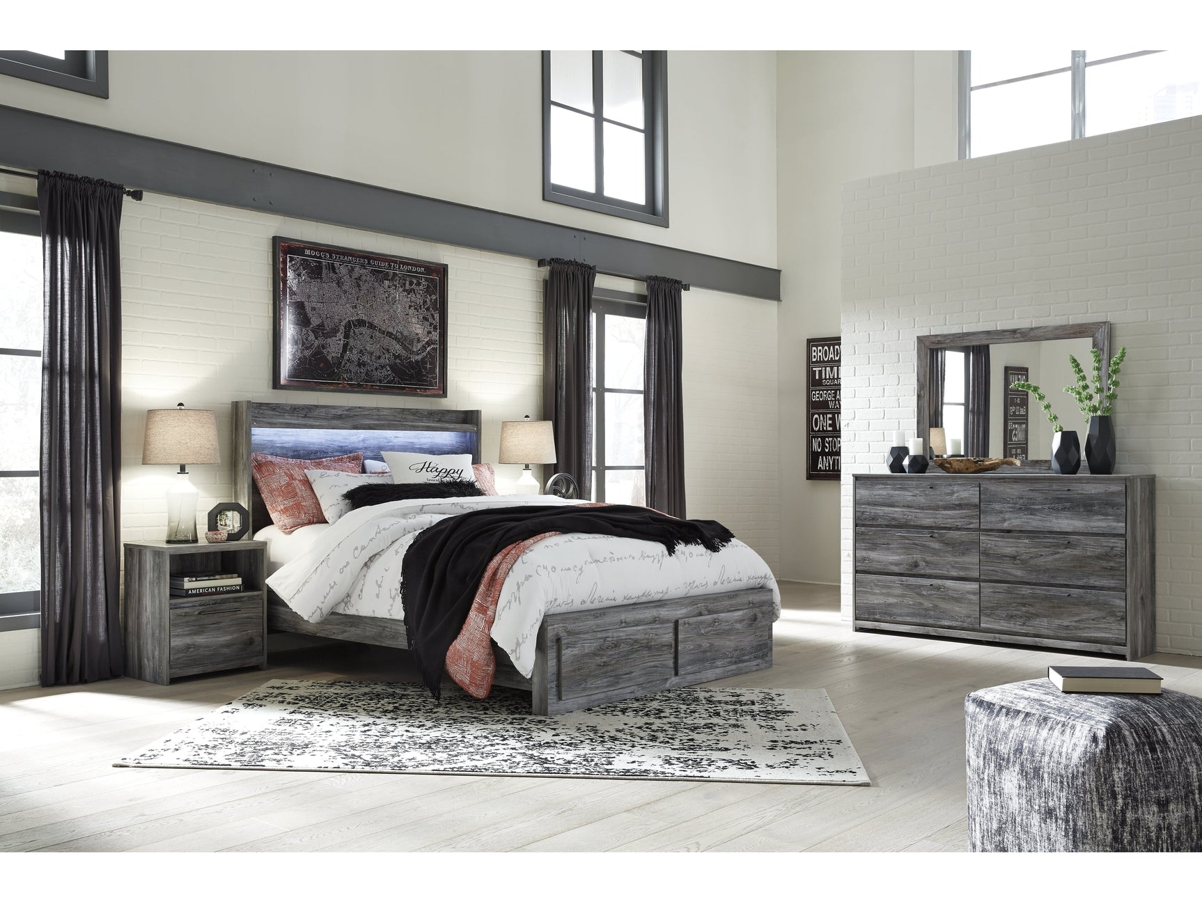 Baystorm Gray Queen Panel Storage Bedroom Set with Mirrored Dresser and Nightstand - Ornate Home