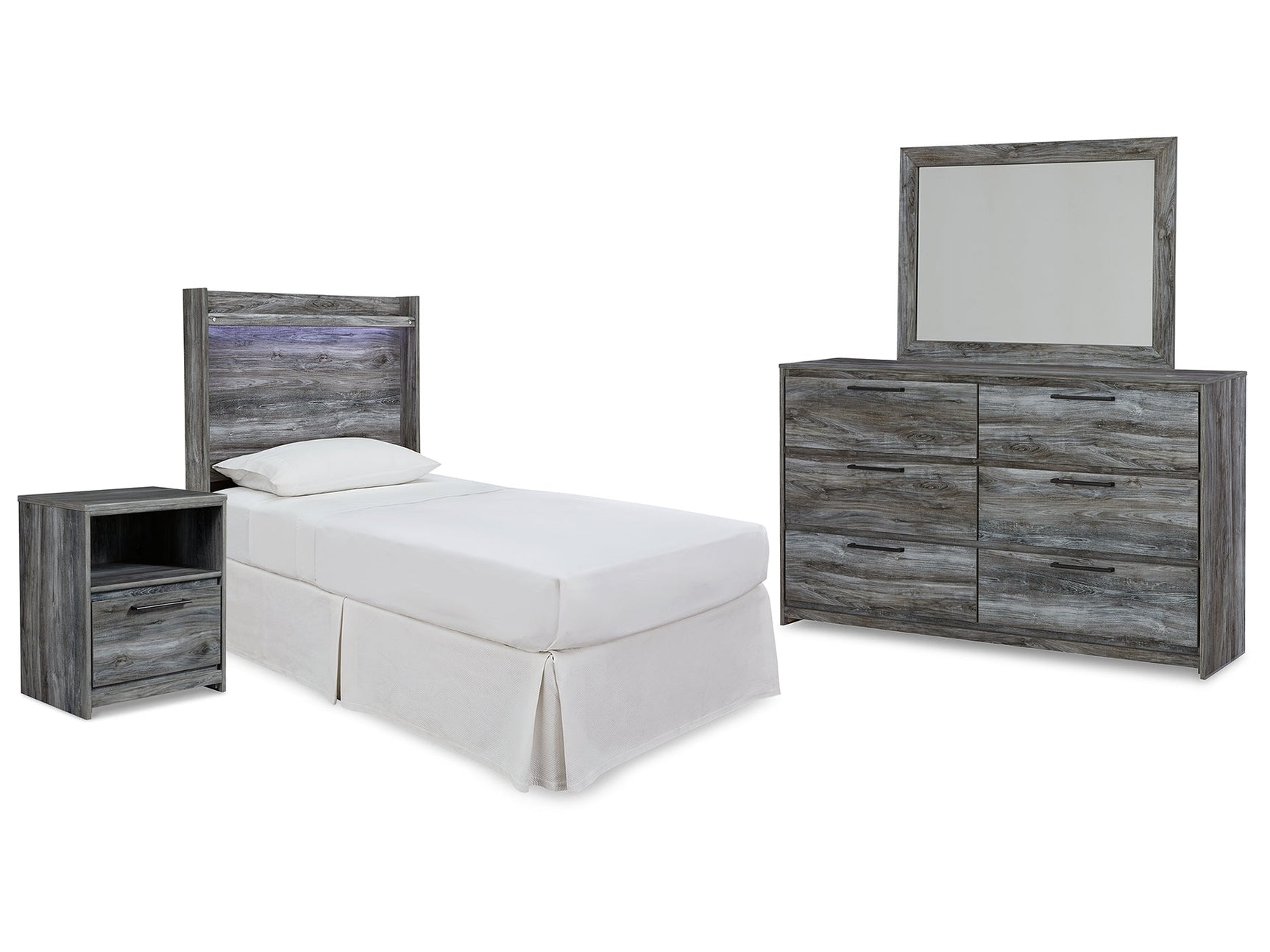 Baystorm Gray Twin Panel Bed Headboard, Dresser, Mirror and Nightstand - Ornate Home