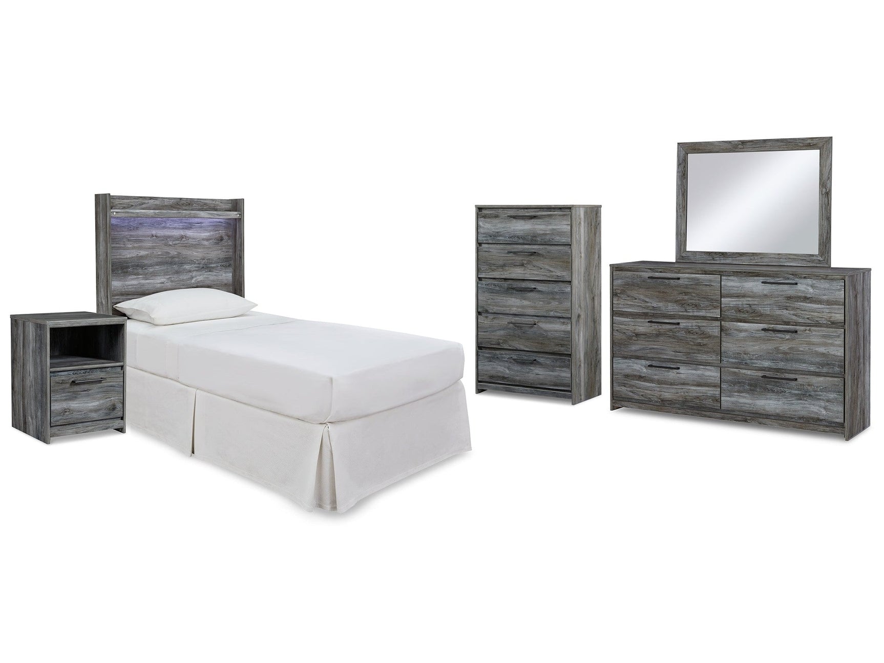 Baystorm Gray Twin Panel Headboard Bed & Dresser & Mirror & Nightstand (Online Special Price) - Ornate Home