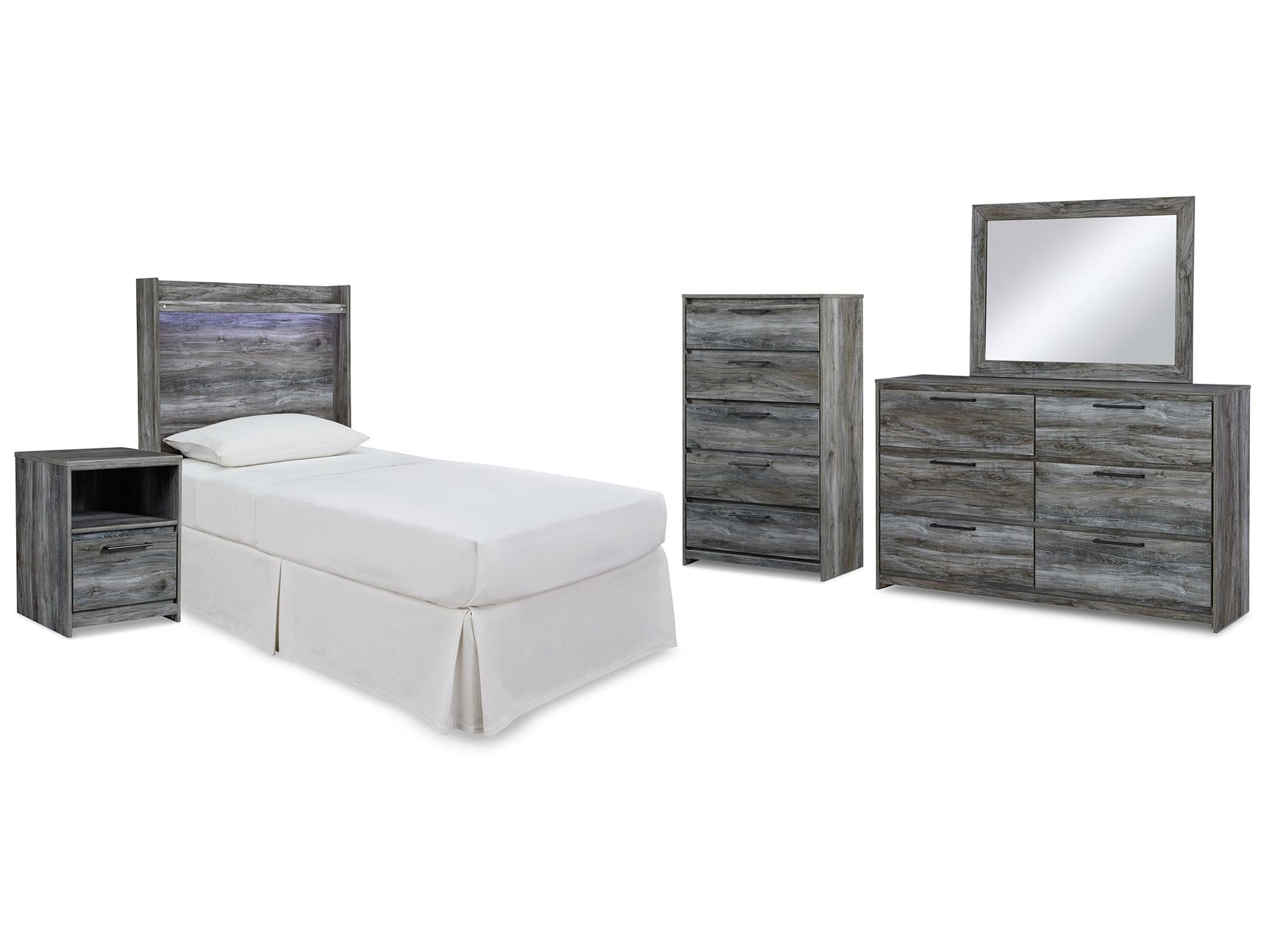 Baystorm Gray Twin Panel Headboard Bed & Dresser & Mirror & Nightstand - Ornate Home