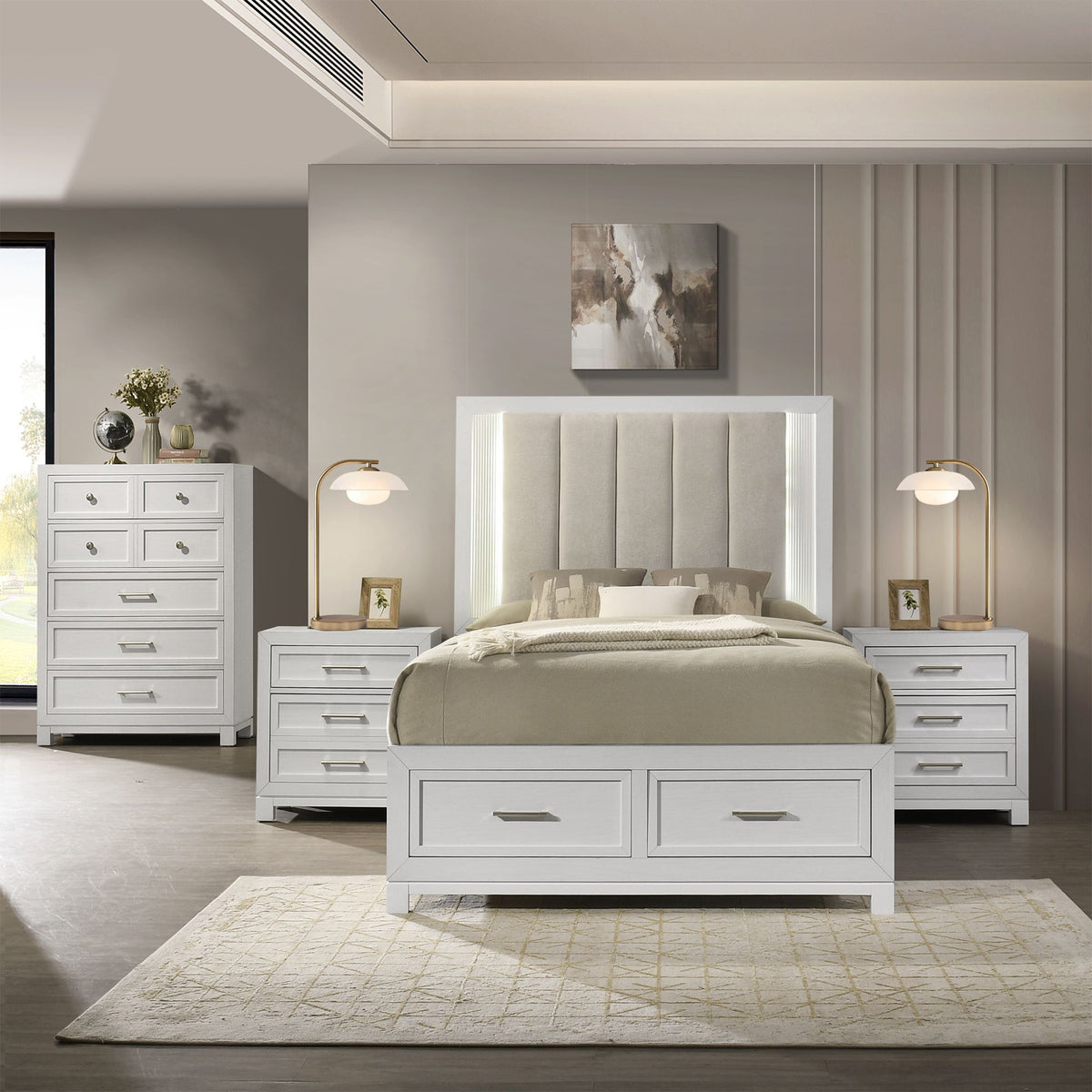 Baystorm White 4-Piece Queen UPH Storage Bedroom Set with 2 Nightstands & Chest - Ornate Home