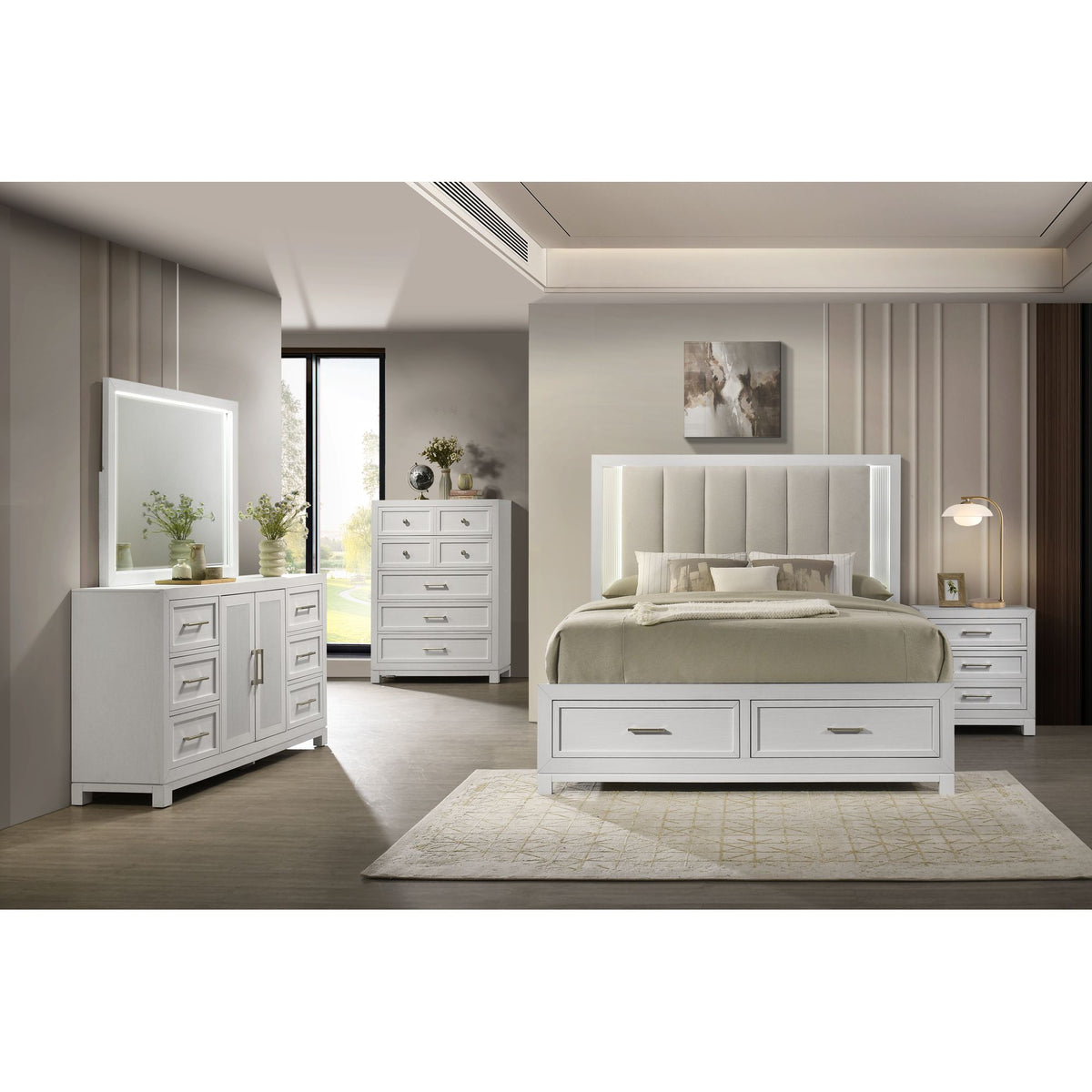 Baystorm White 5-Piece King UPH Storage Bedroom Set - Ornate Home