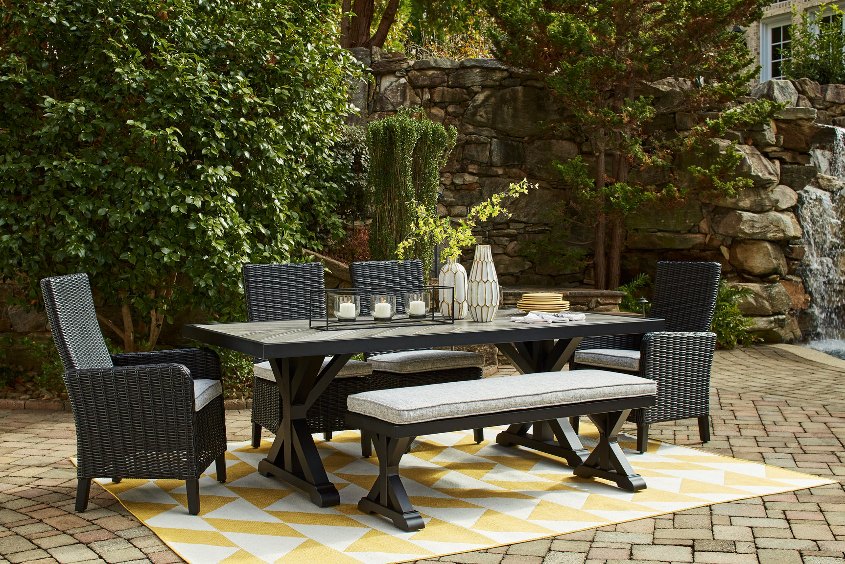 Beachcroft Black/Light Gray Outdoor Dining Table, 4 Chairs and Bench - Ornate Home
