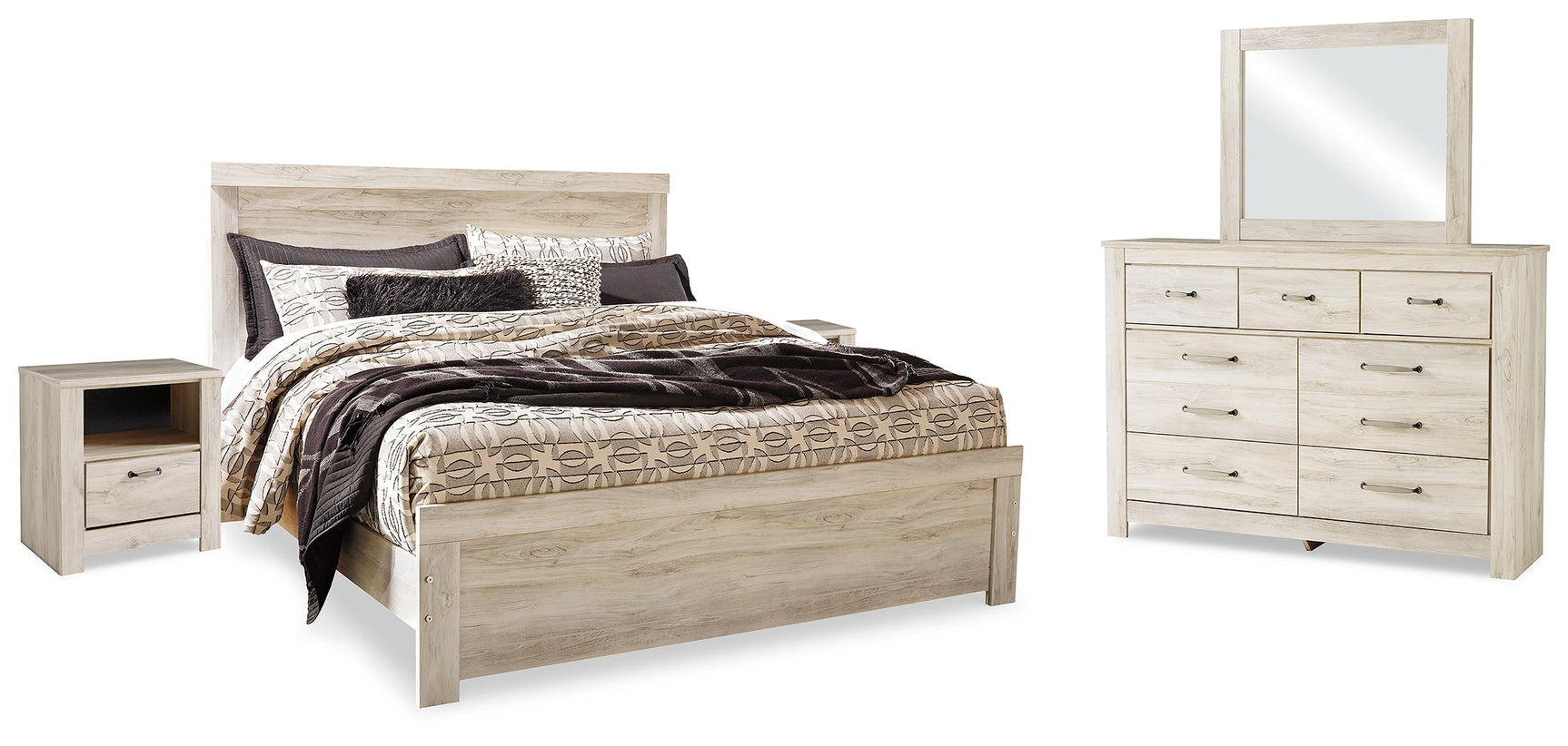 Bellaby Whitewash King Panel Bedroom Set with Dresser, Mirror and 2 Nightstands - Ornate Home