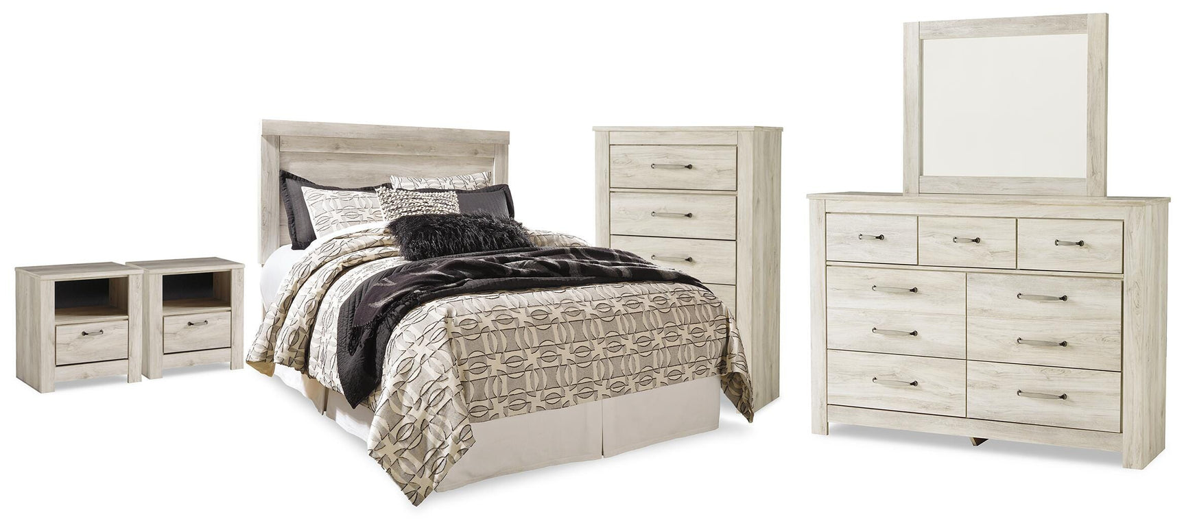 Bellaby Whitewash Queen Panel Headboard, Dresser, Mirror, Chest and 2 Nightstands - Ornate Home