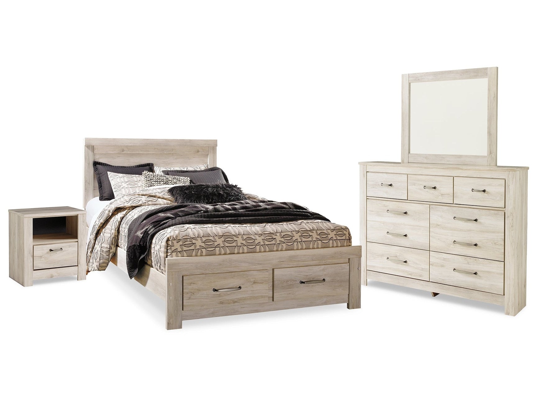 Bellaby Whitewash Queen Panel Storage Bedroom Set with Dresser, Mirror and Nightstand - Ornate Home