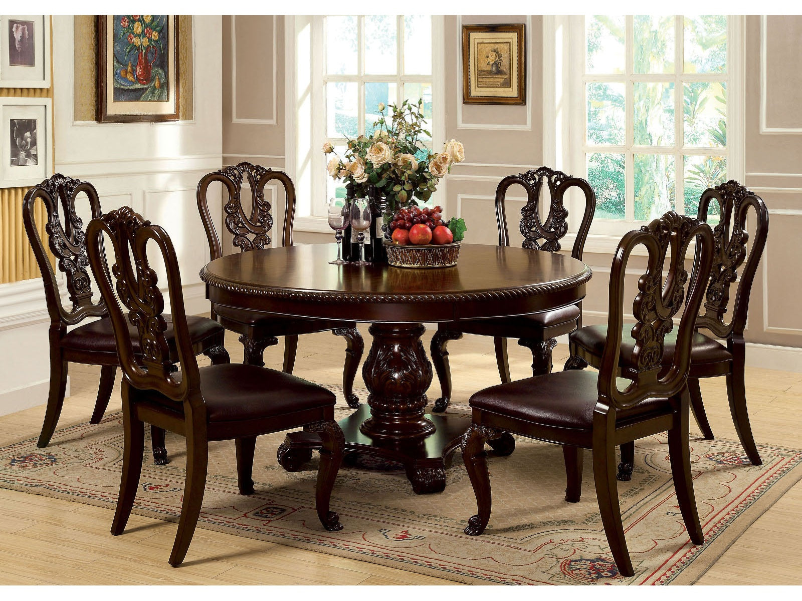Bellagio Brown Cherry Round Table & 4 Wooden/Leatherette Chairs / 5-piece - Ornate Home