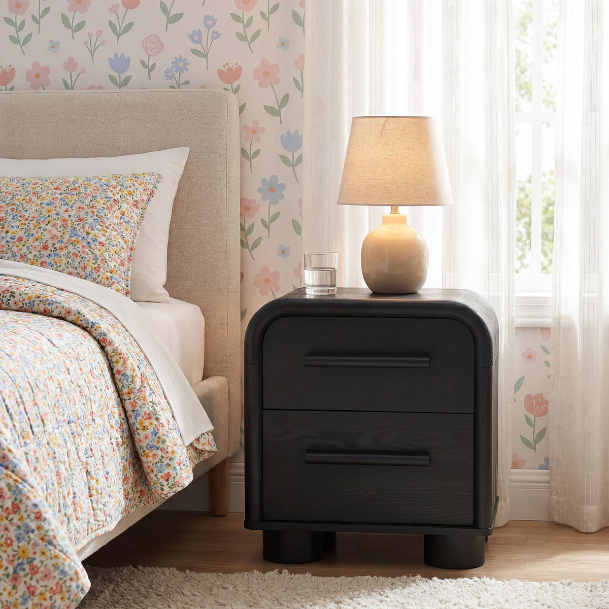 Bellamy Black Oak Curved 2-Drawer Nightstand - Ornate Home