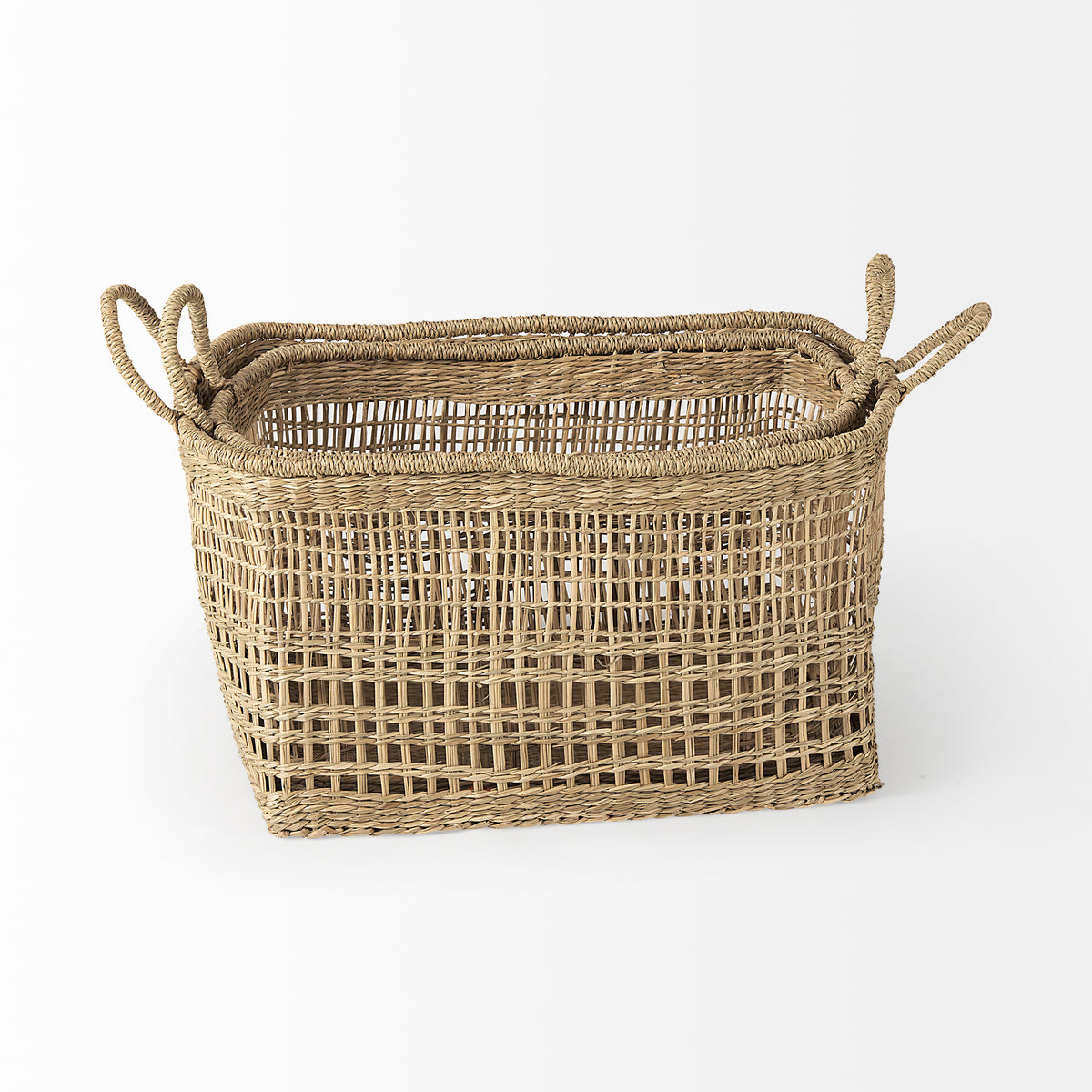 Bellisa Medium Brown Seagrass Rectangular Basket with Handles (Set of 2) - Ornate Home