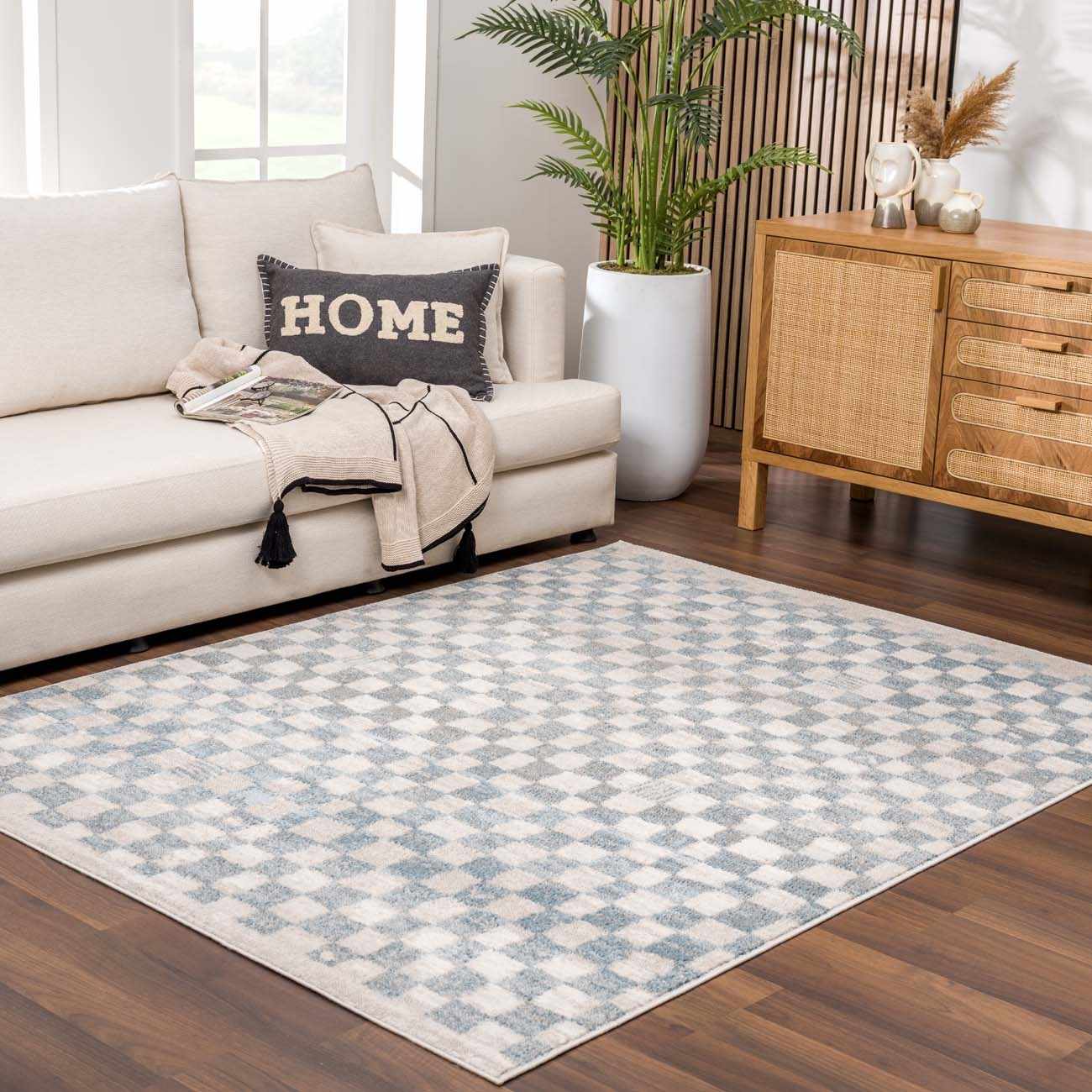 Benjy Cream & Light Blue Checkered Area Rug - Ornate Home