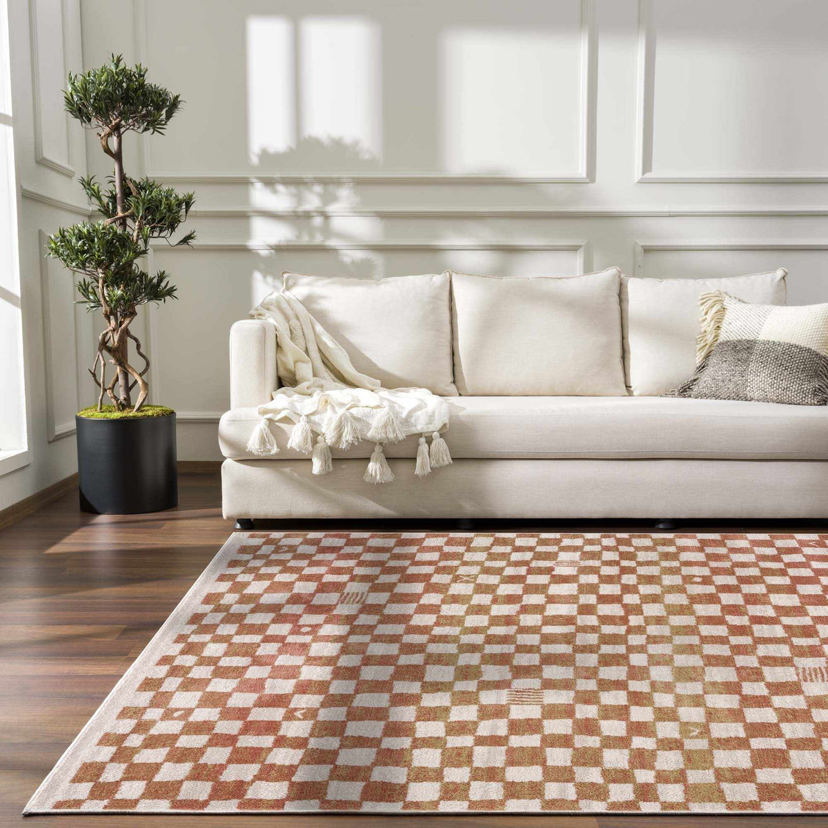 Benjy Irregular Checkboard Rug - Cream&Salmon - Ornate Home