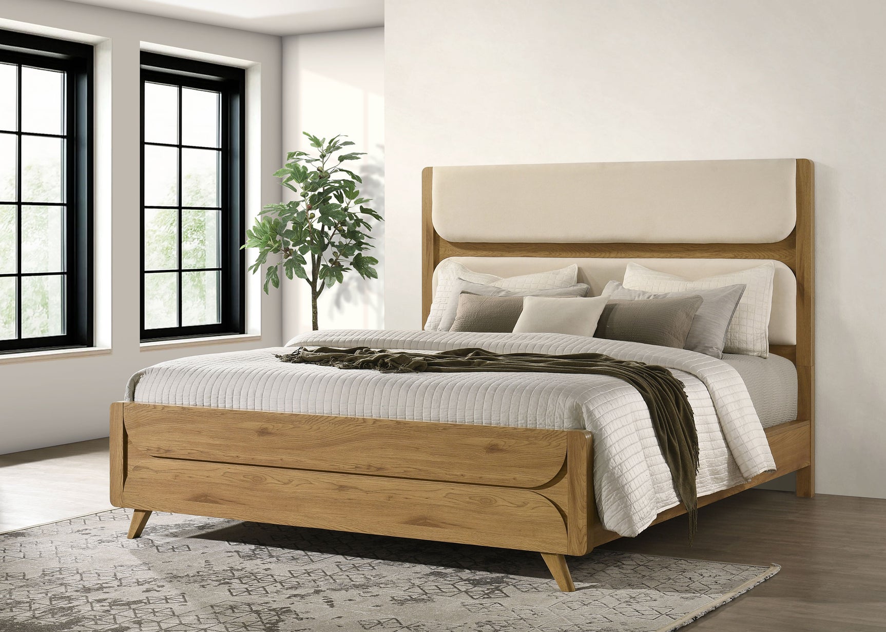 Bennett Cream/Light Oak 62-inch California King Upholstered Panel Bed - Ornate Home