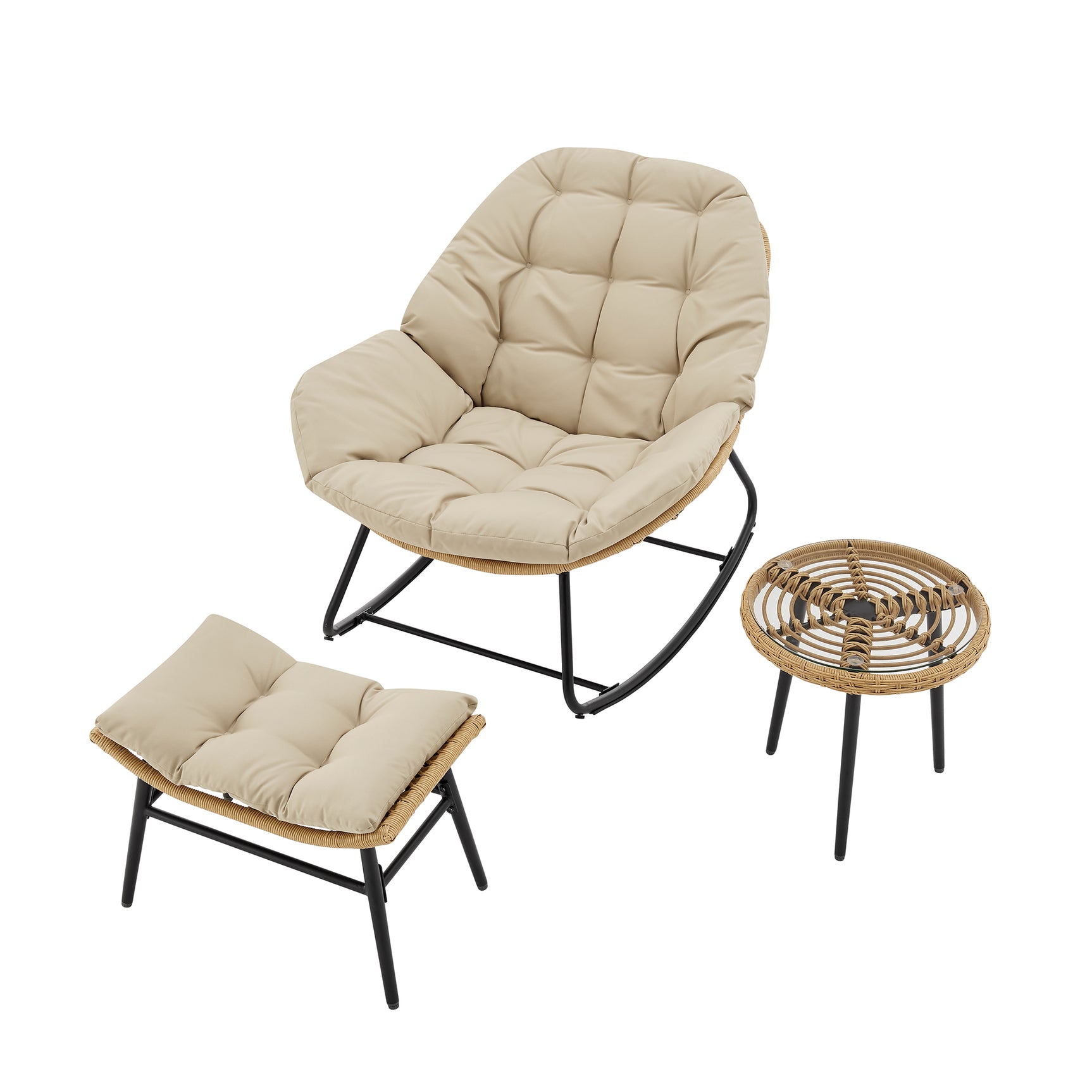 Benson 3-Piece Patio Rocking Chair with Ottoman and Table in Cream - Ornate Home