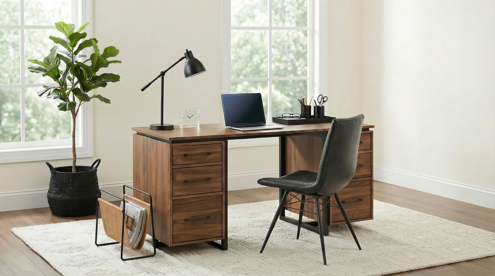 Berhalter Walnut Black 6-Drawer Double Pedestal File Computer Desk - Ornate Home
