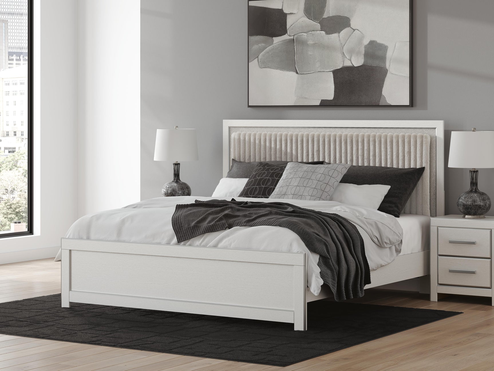 Birmonton White King Upholstered Panel Platform Bed - Ornate Home