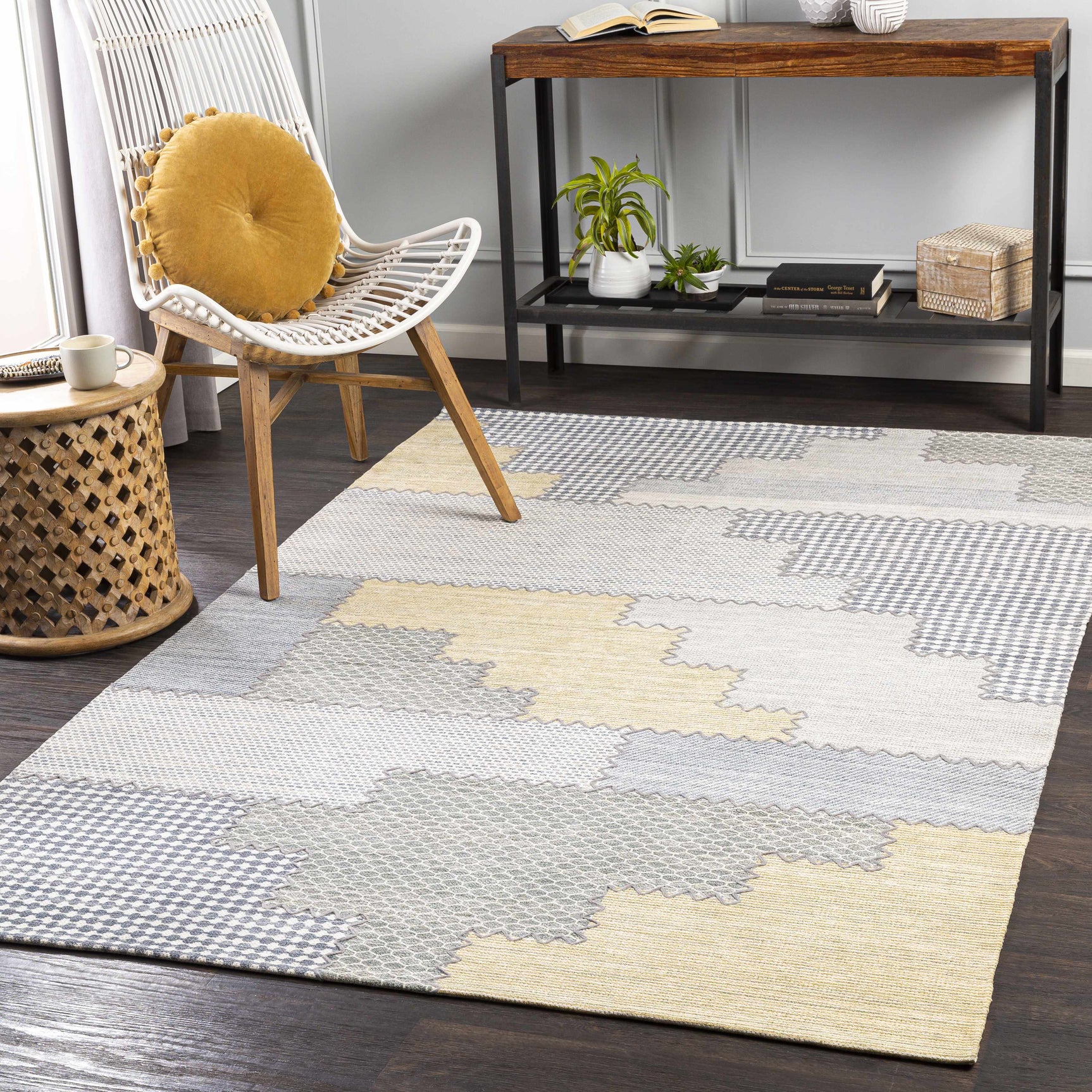 Bishopton Blue/Yellow Patchwork Viscose Rug - Clearance - Ornate Home