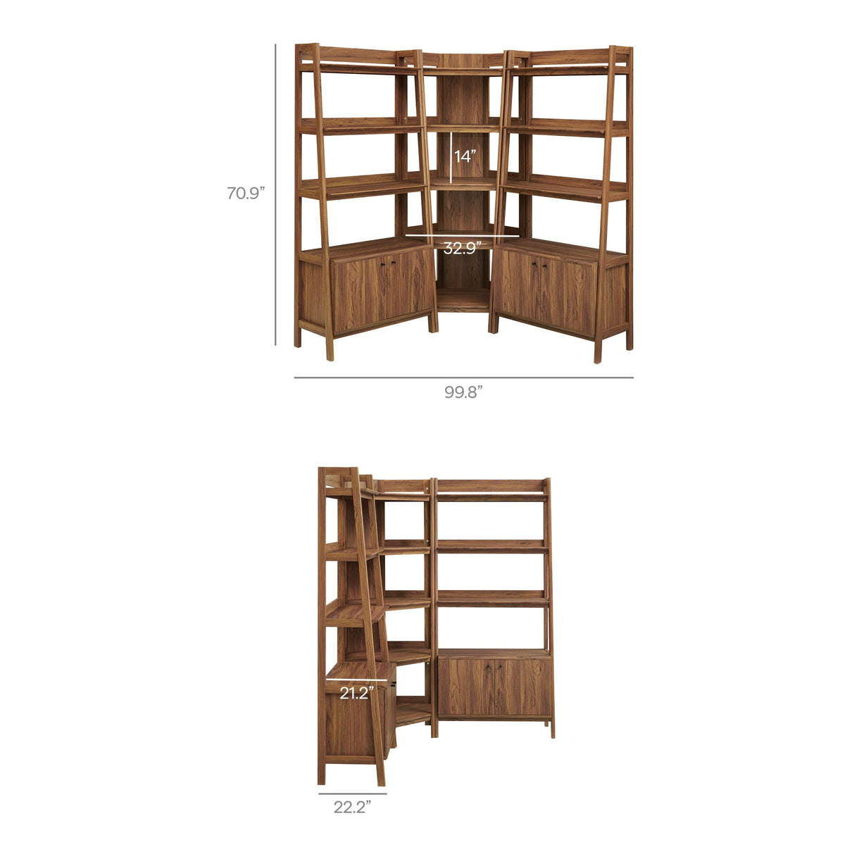 Bixby Walnut 3-Piece Corner Bookshelf Set with Wide Bookshelves - Ornate Home