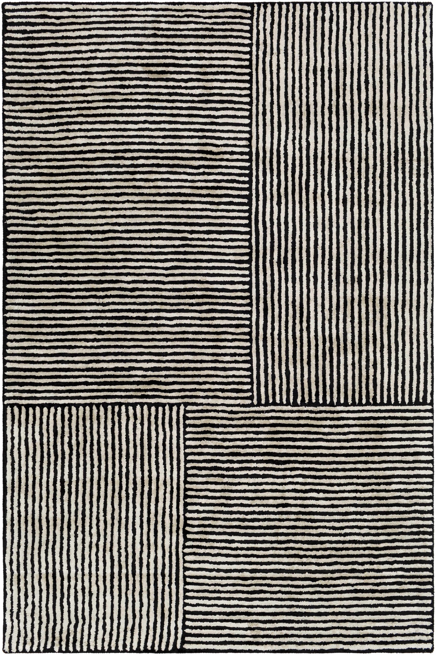 Black&White Striped Sheen Viscose Area Rug - Ornate Home