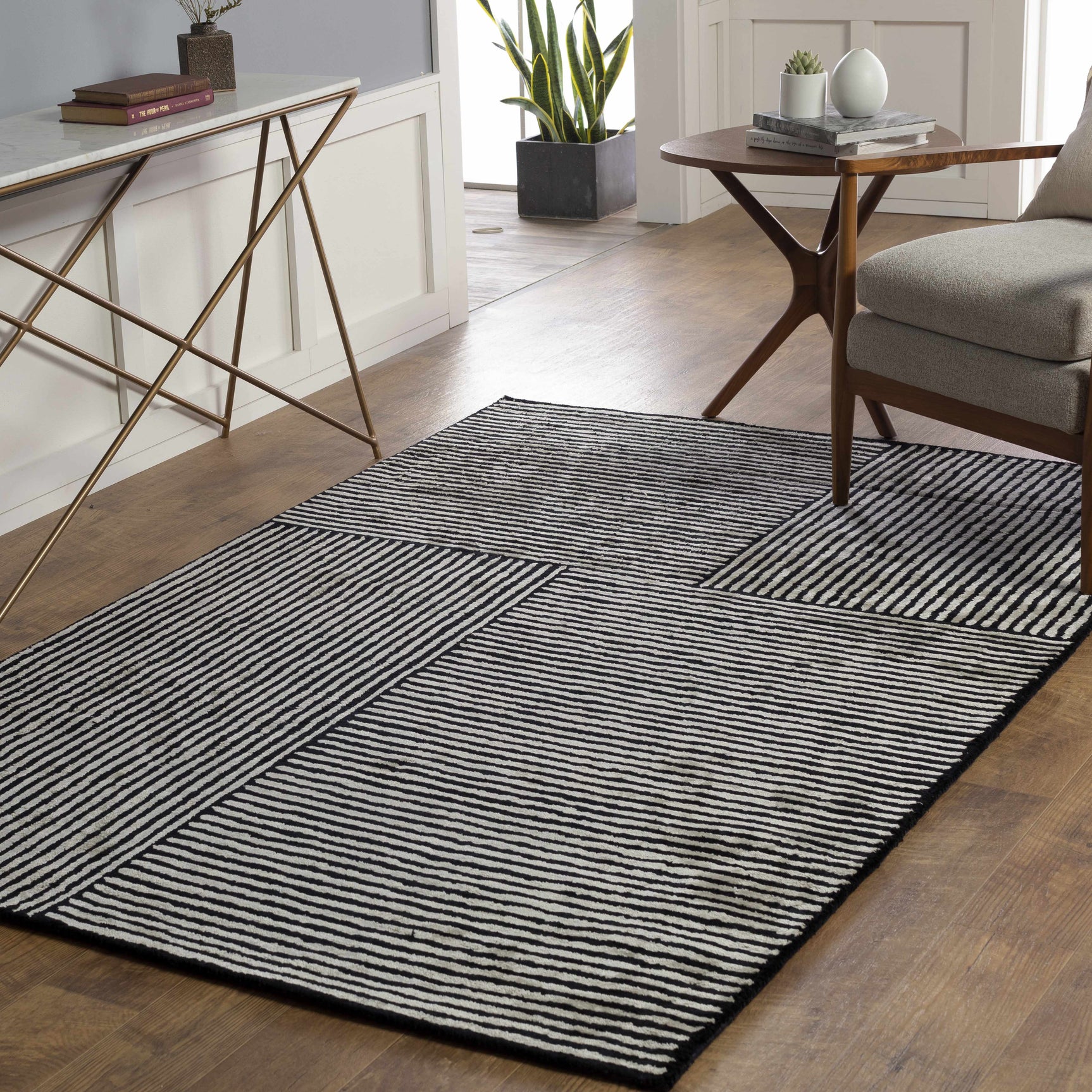 Black&White Striped Sheen Viscose Area Rug - Ornate Home