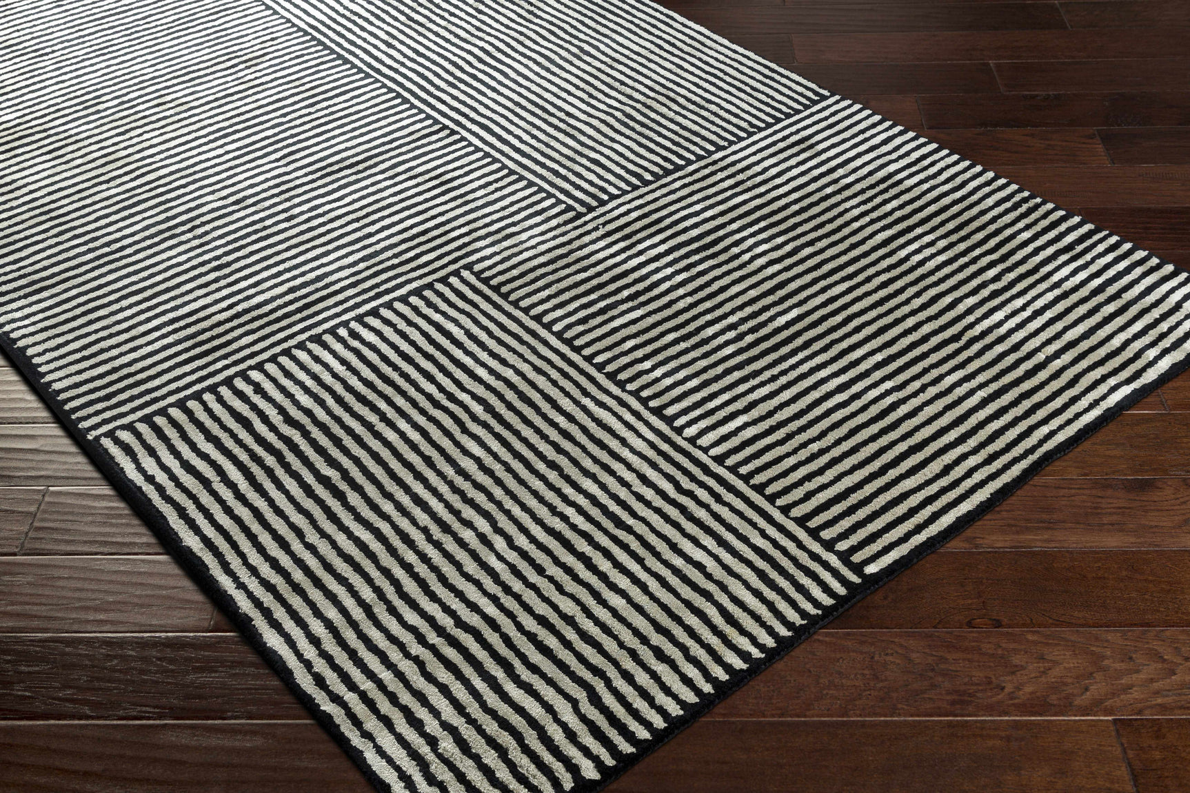 Black&White Striped Sheen Viscose Area Rug - Ornate Home