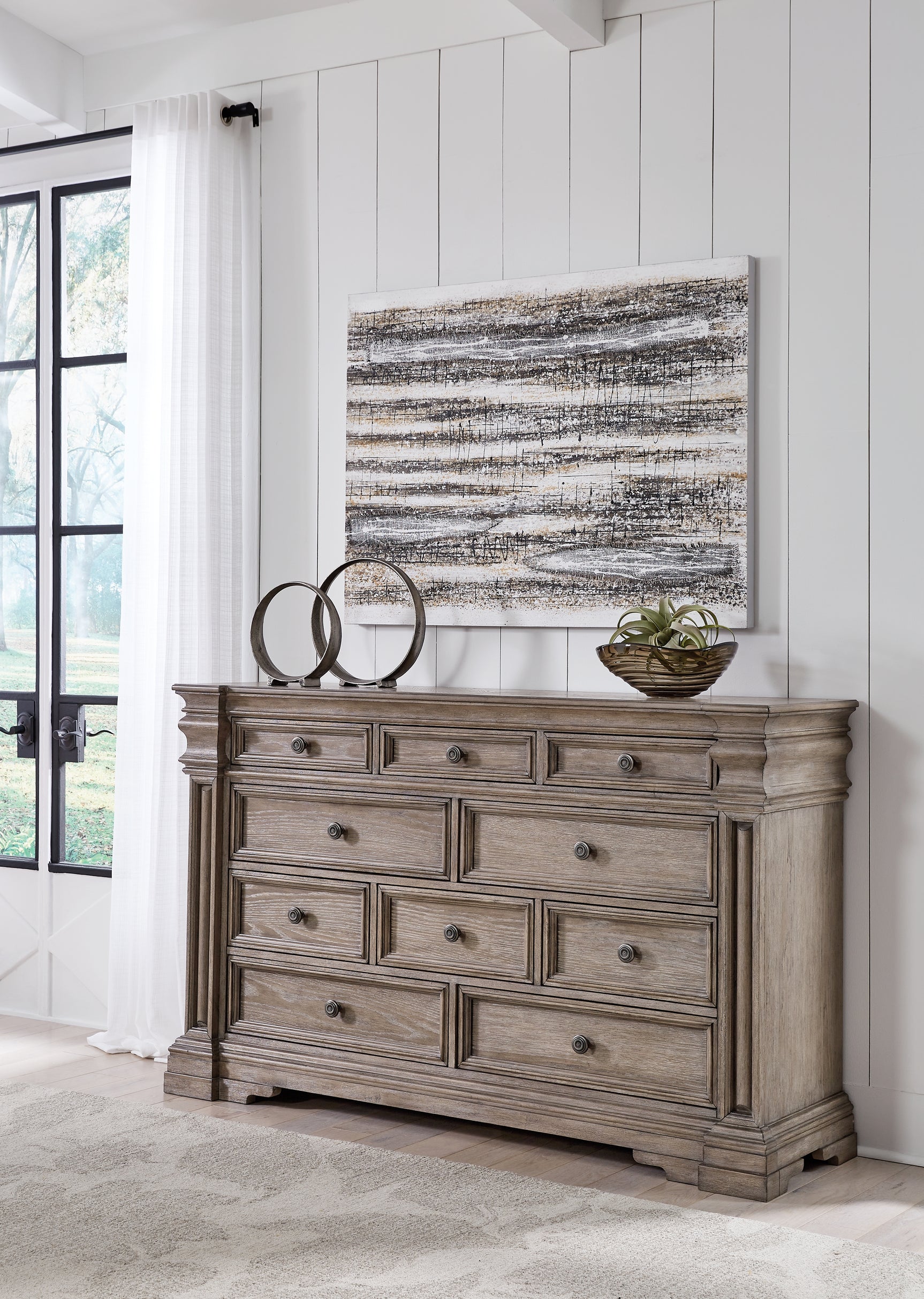 Blairhurst Light Grayish Brown King Panel Bedroom Set with Dresser, Chest and 2 Nightstands - Ornate Home
