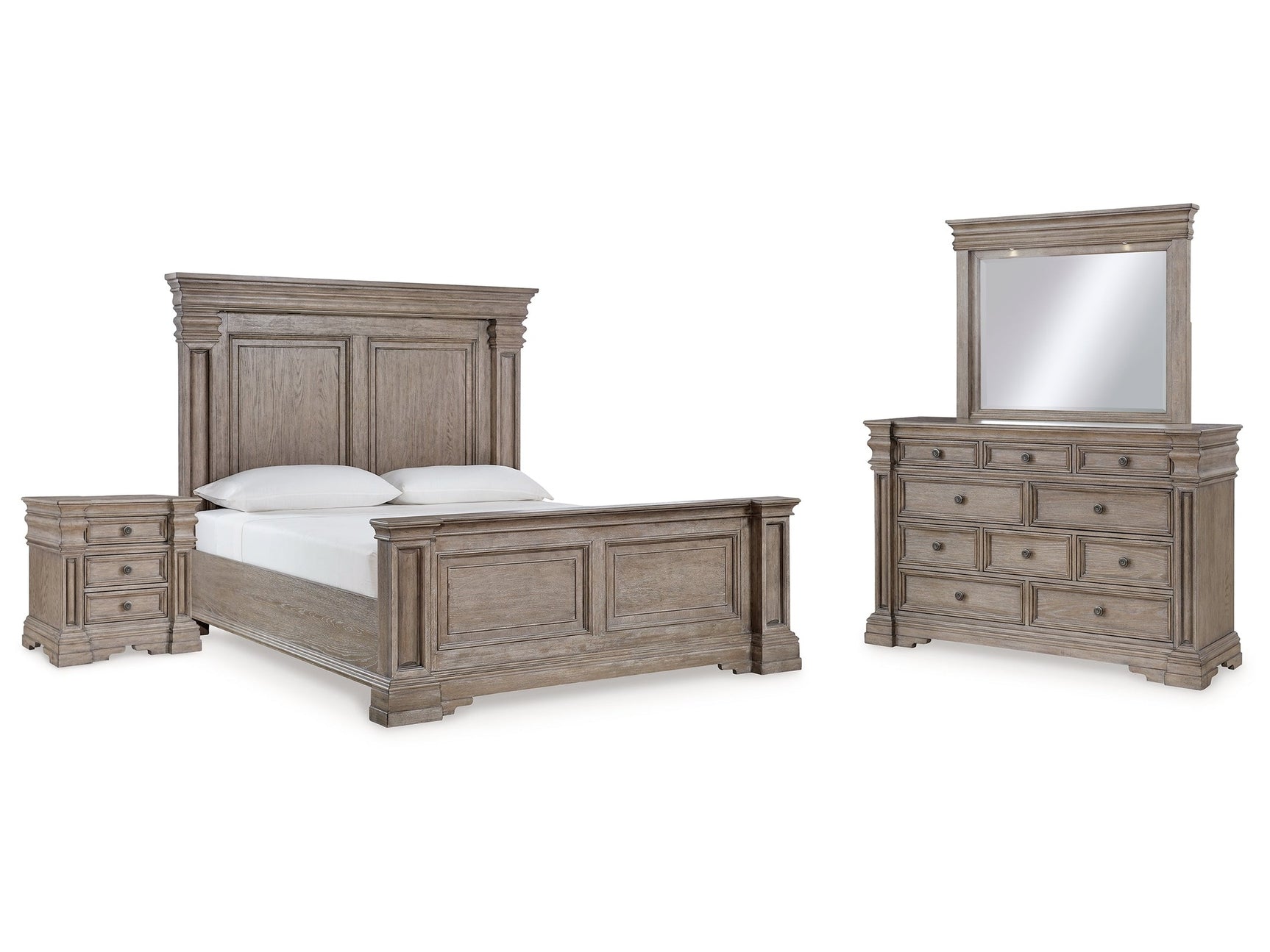Blairhurst Light Grayish Brown King Panel Bedroom Set with Dresser, Mirror and Nightstand - Ornate Home