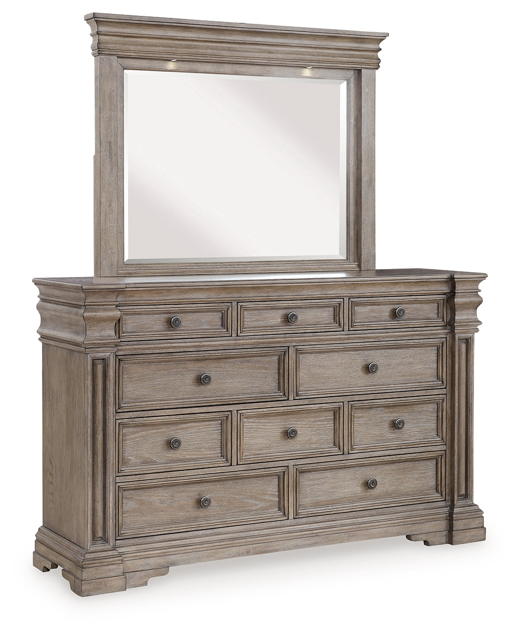 Blairhurst Light Grayish Brown King Panel Bedroom Set with Dresser, Mirror and Nightstand - Ornate Home