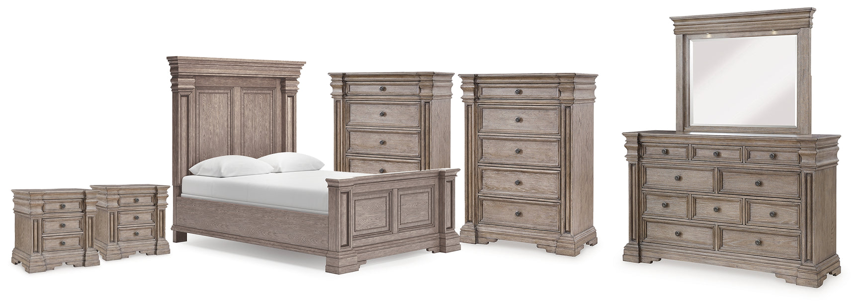 Blairhurst Light Grayish Brown Queen Panel Bed. Dresser, Mirror, 2 Chests and 2 Nightstands - Ornate Home