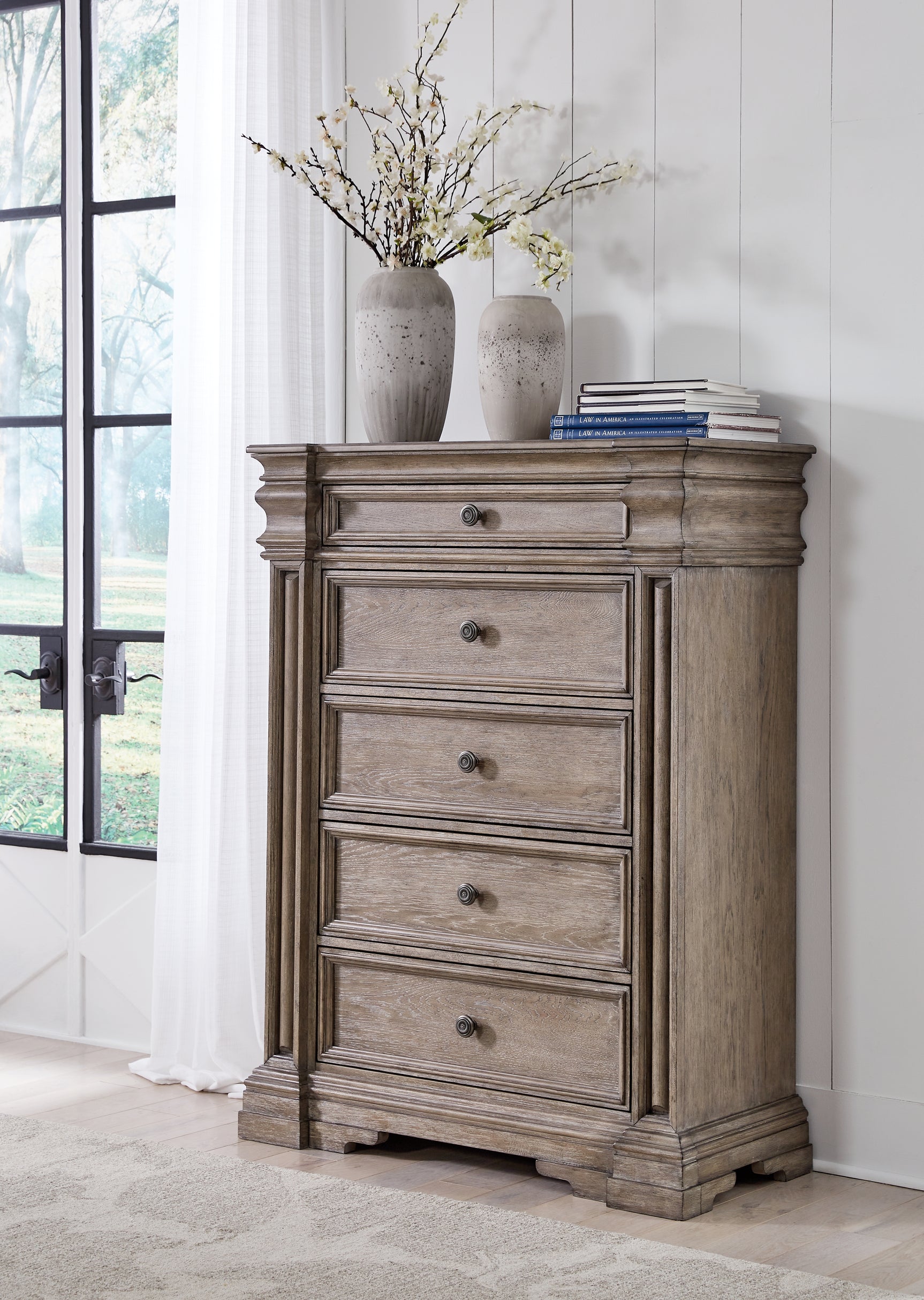 Blairhurst Light Grayish Brown Queen Panel Bed, Dresser, Mirror, 2 Chests and Nightstand - Ornate Home