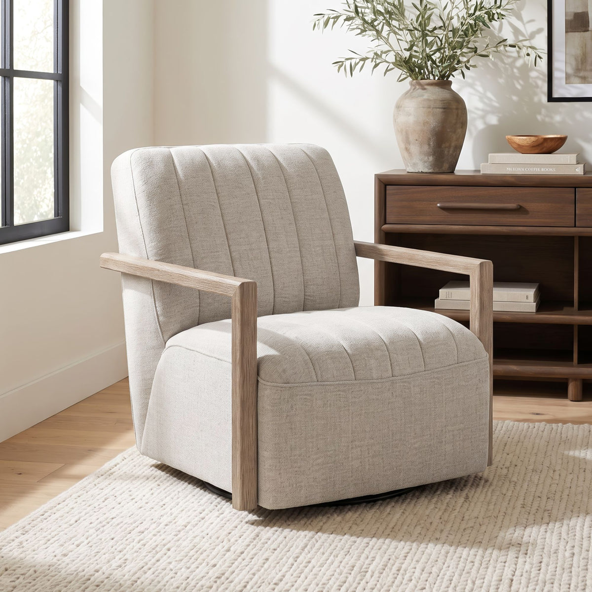 Blaze Laurance Cream Swivel Chair with Natural Arms