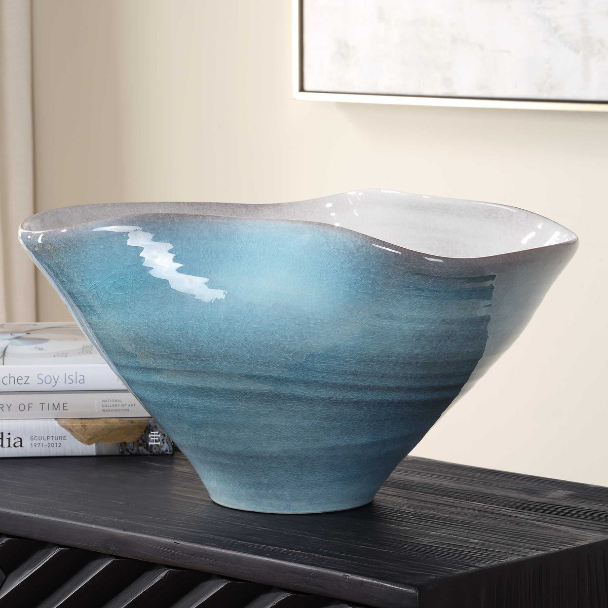 Blue Gray/White Crest Ceramic Bowl - Ornate Home